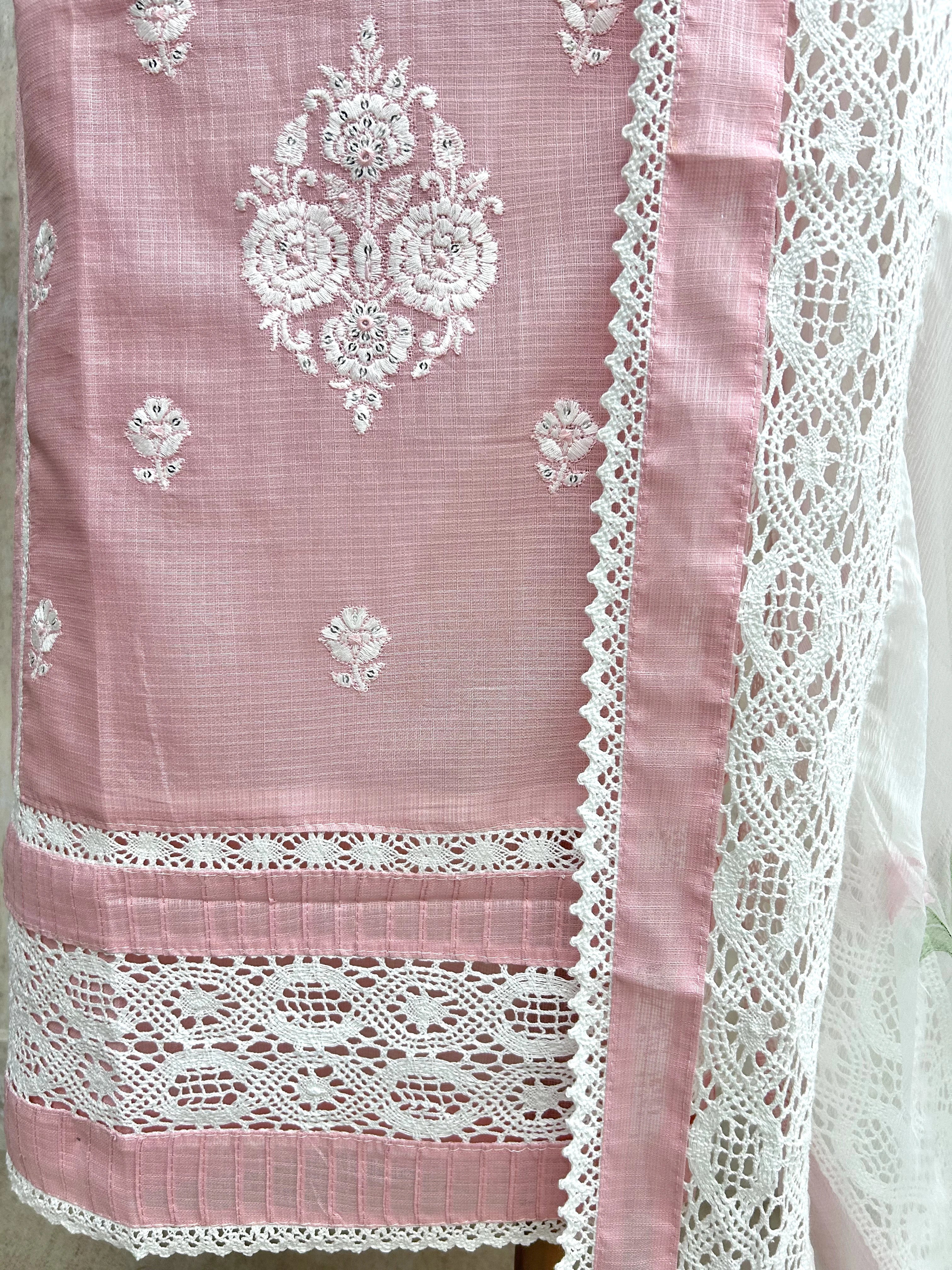 Thread Embroidered Neckline & Floral Motif Kota Unstitched Suit Set