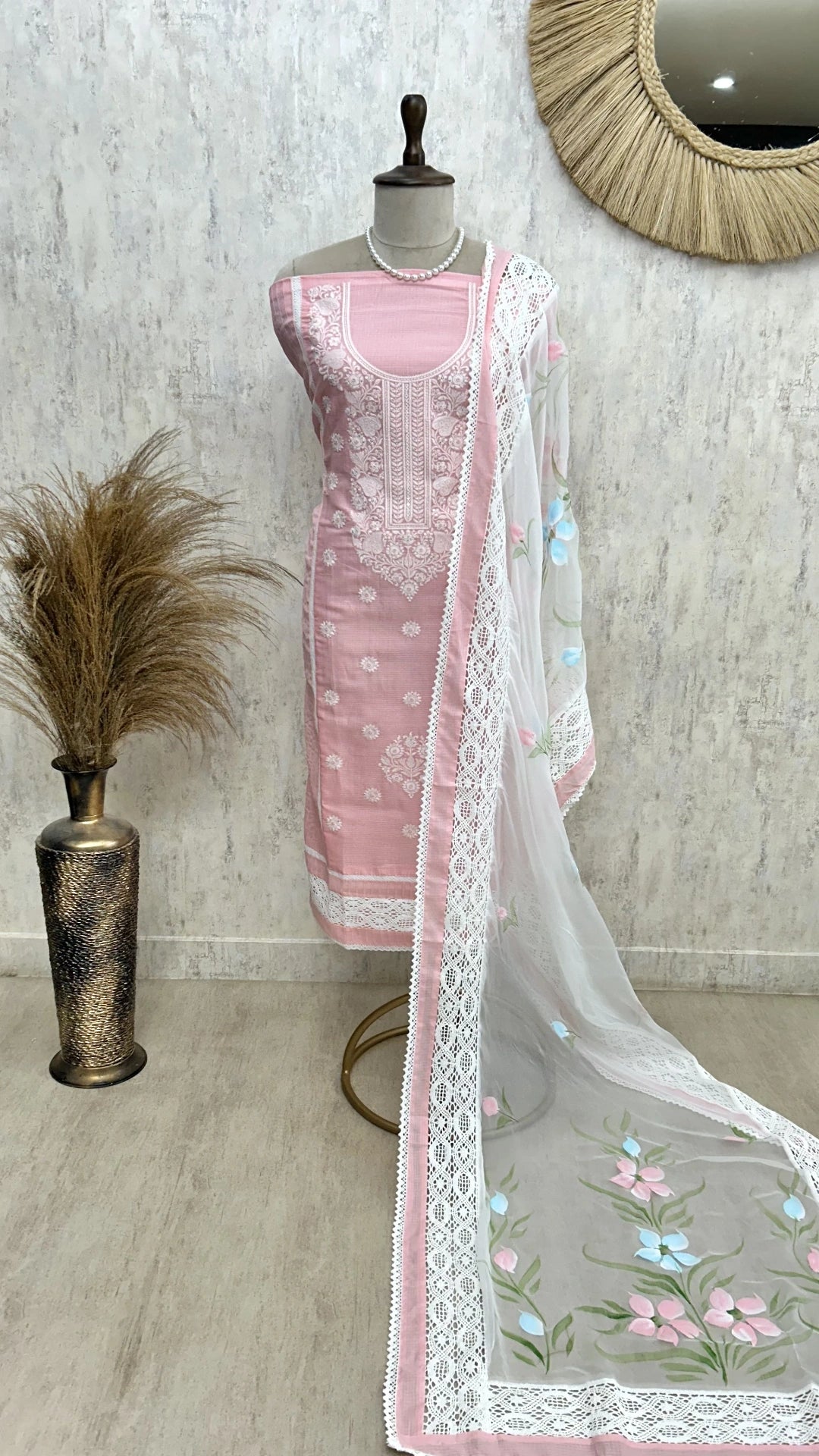 Thread Embroidered Neckline & Floral Motif Kota Unstitched Suit Set