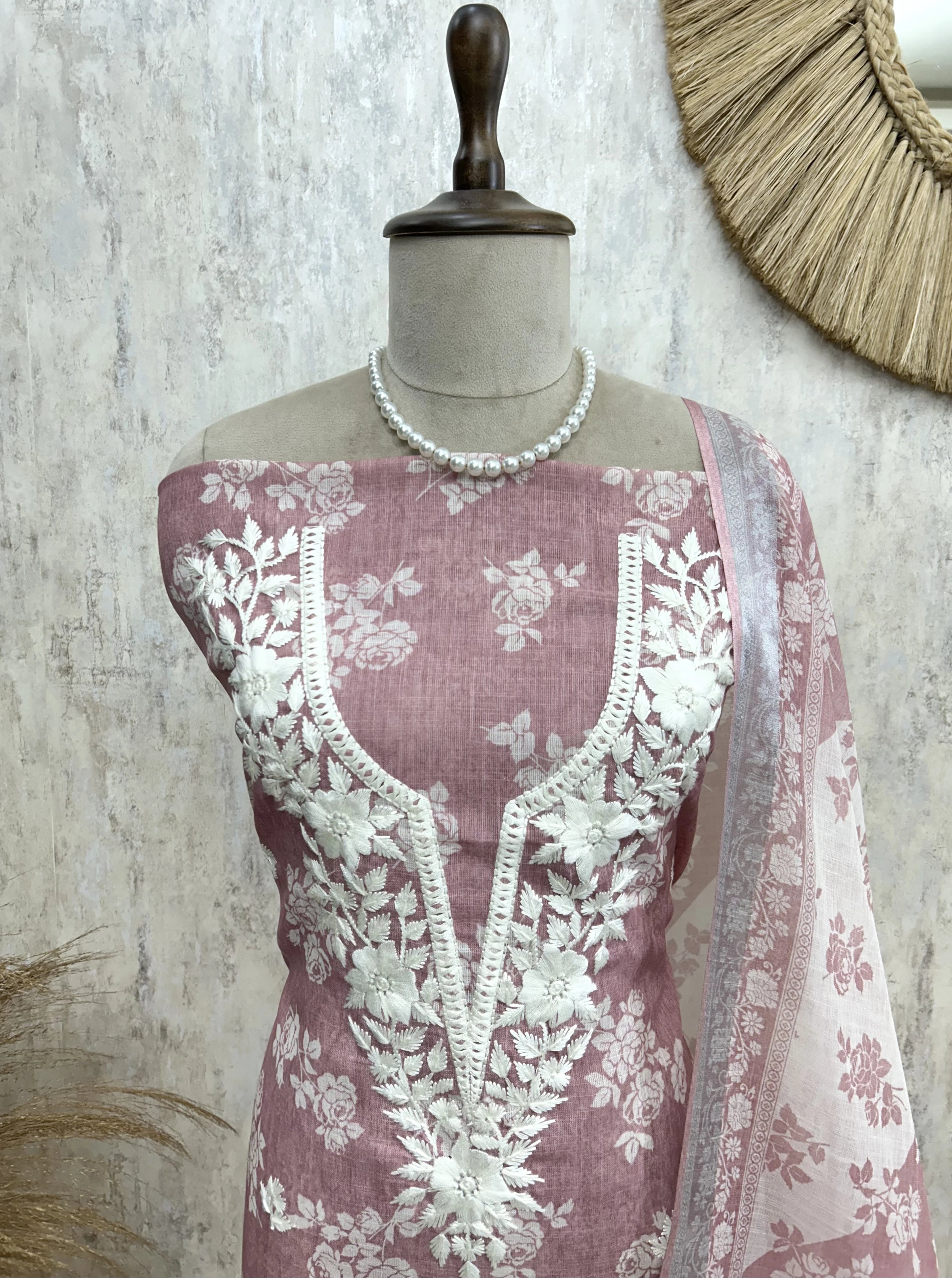 Thread Embroidered Neckline Jamdani Linen Unstitched Suit Set