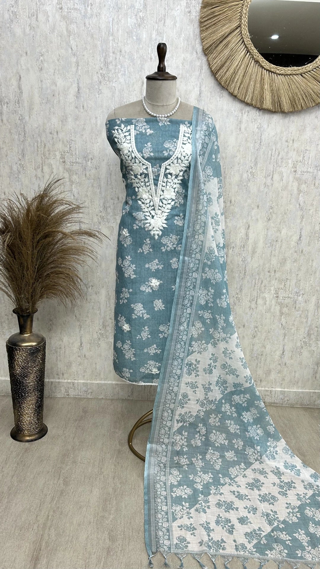 Thread Embroidered Neckline Jamdani Linen Unstitched Suit Set