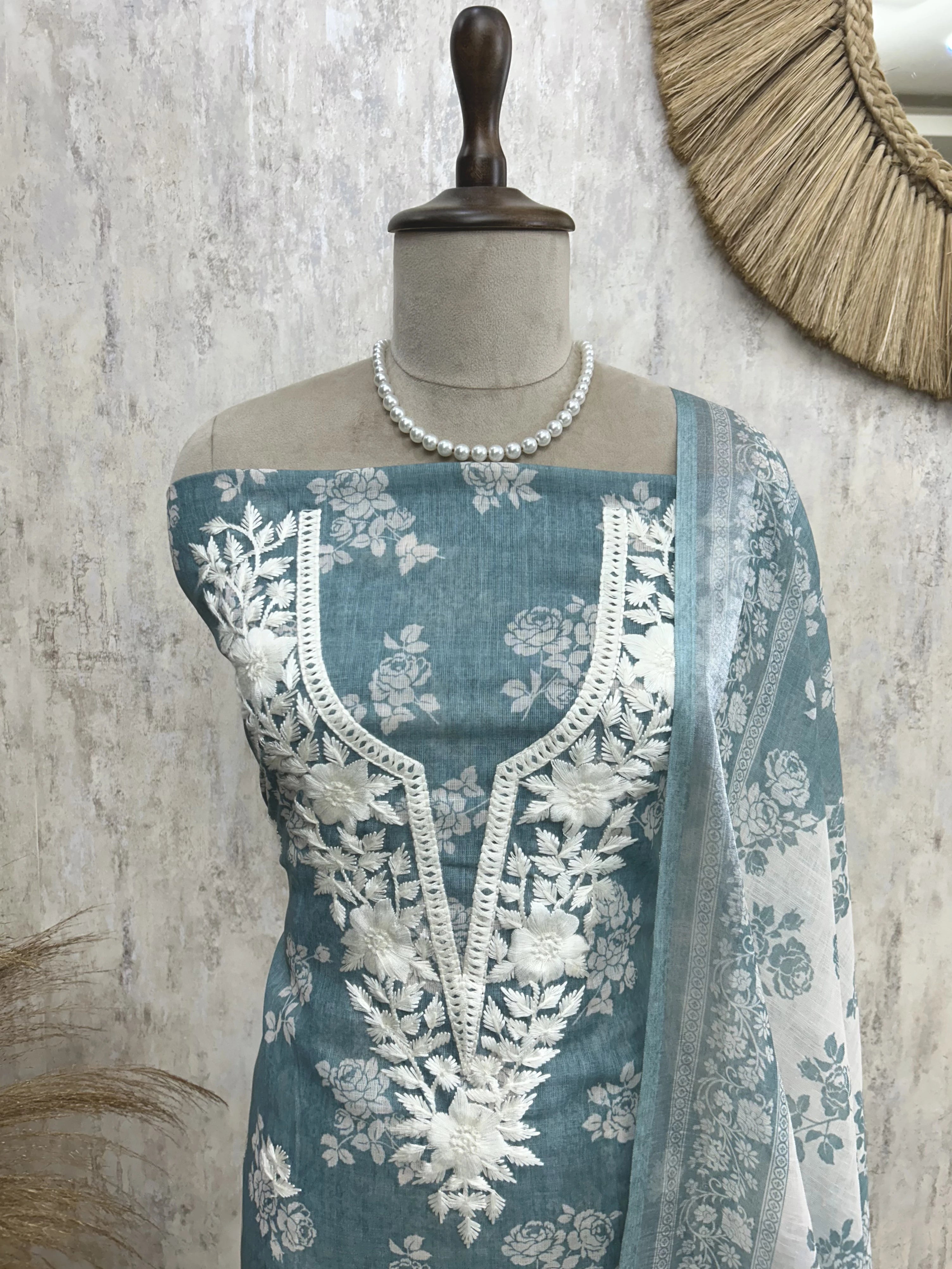 Thread Embroidered Neckline Jamdani Linen Unstitched Suit Set