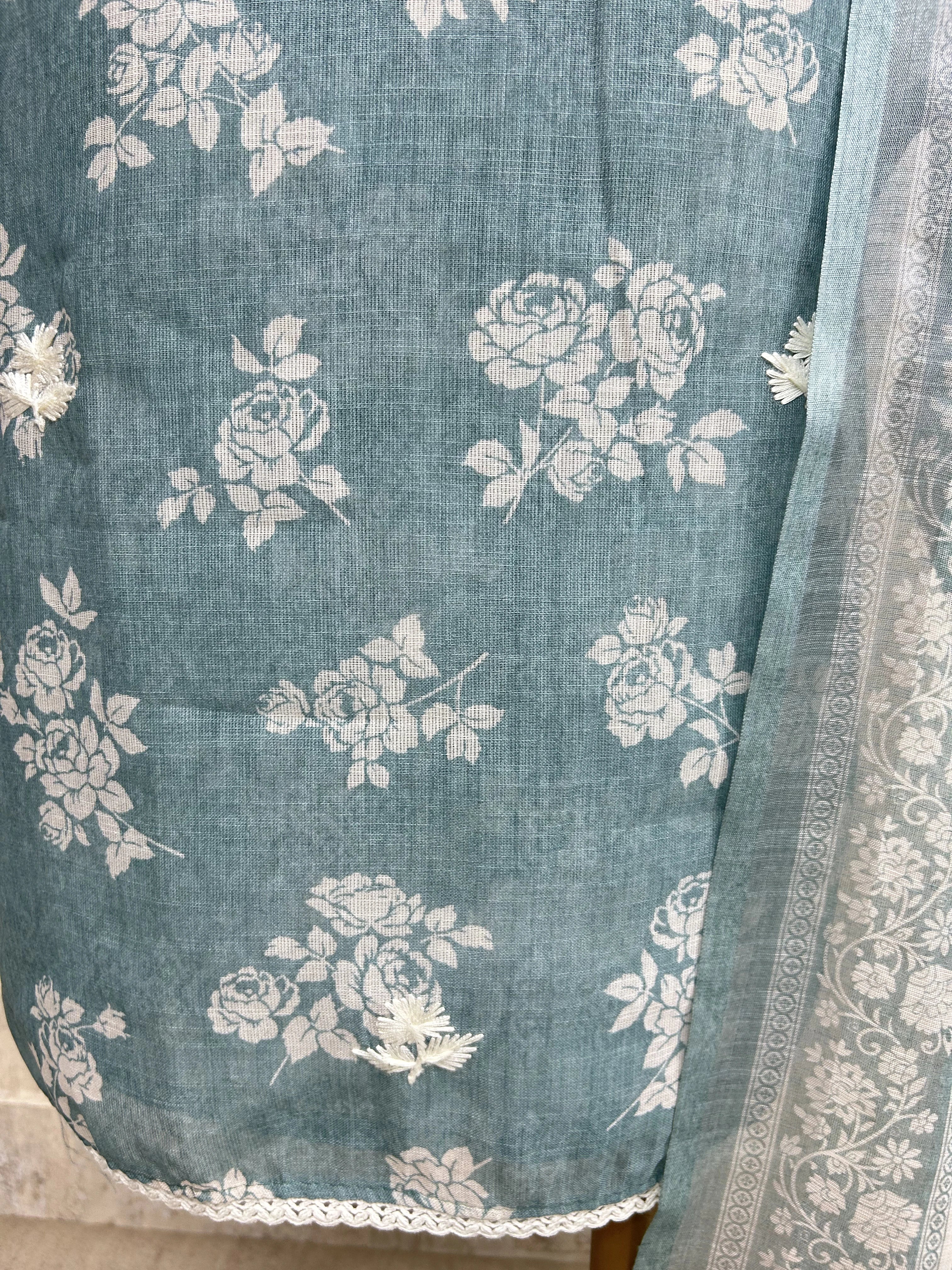 Thread Embroidered Neckline Jamdani Linen Unstitched Suit Set