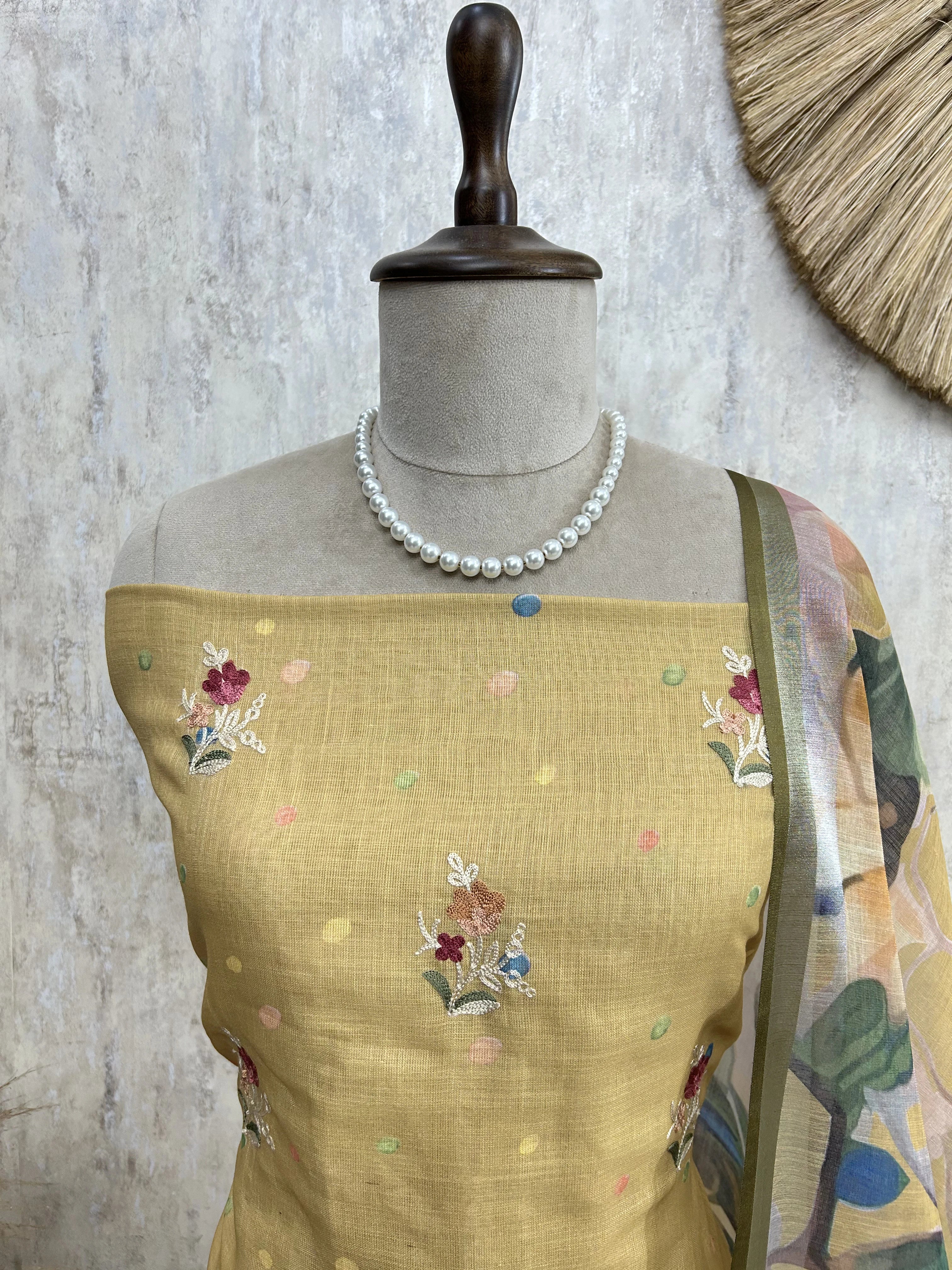 Elegant Thread Embroidered Jamdani Linen Unstitched Suit Set