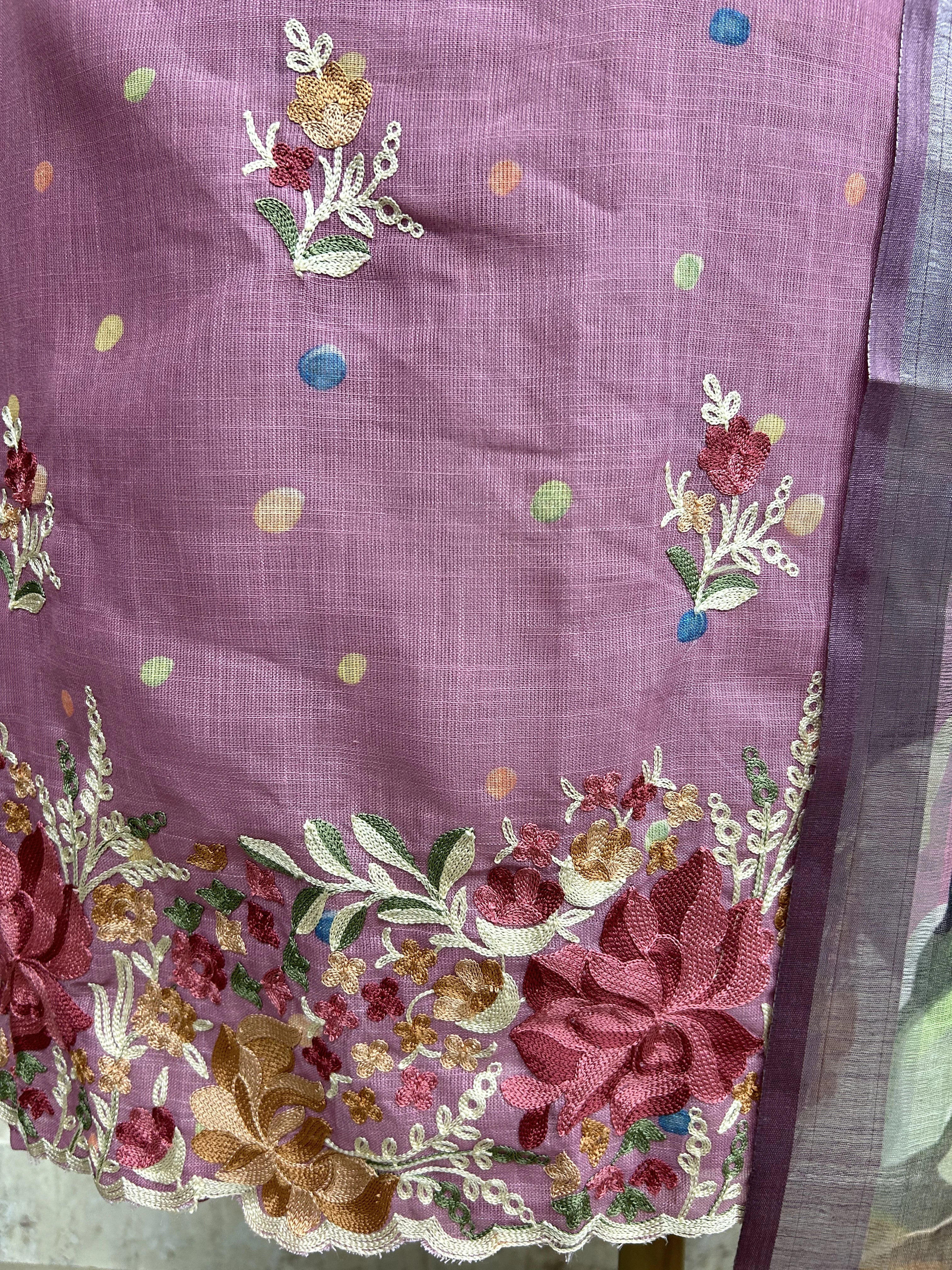 Elegant Thread Embroidered Jamdani Linen Unstitched Suit Set