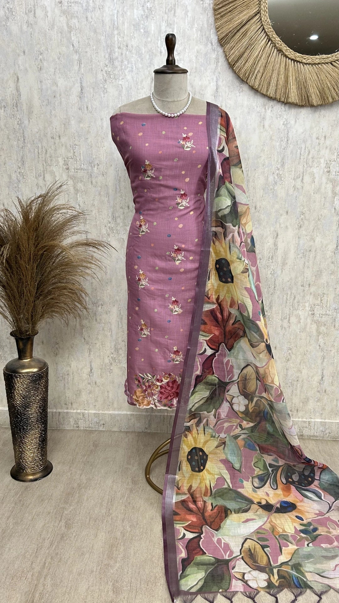 Elegant Thread Embroidered Jamdani Linen Unstitched Suit Set