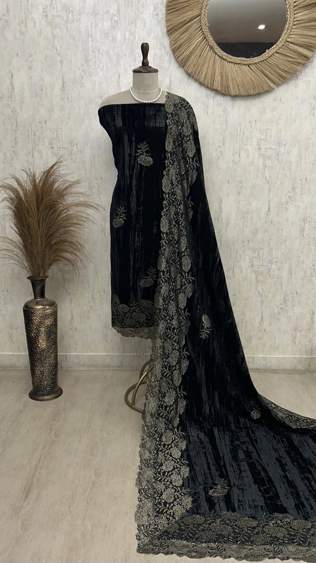 Velvet Unstitched Suit with Chantilly Lace