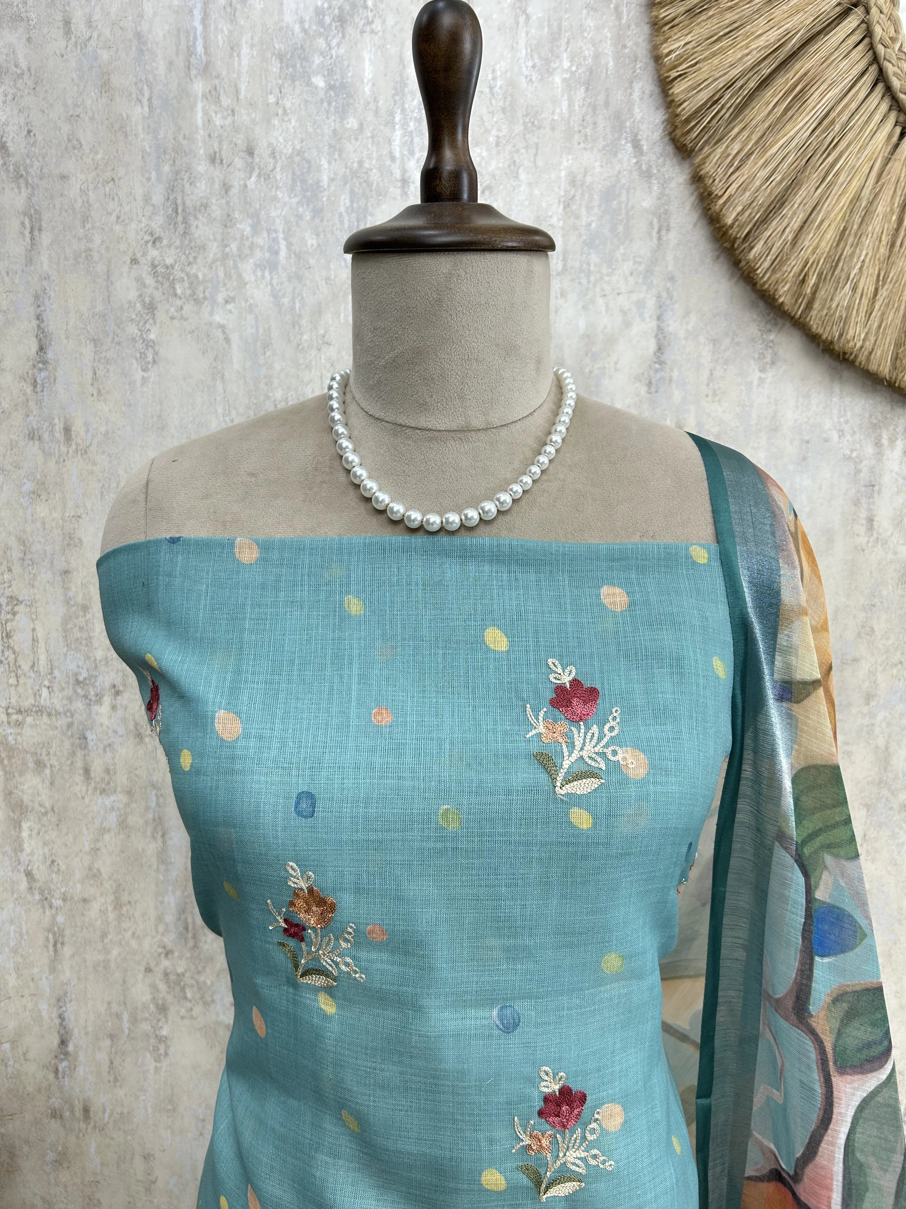 Elegant Thread Embroidered Jamdani Linen Unstitched Suit Set
