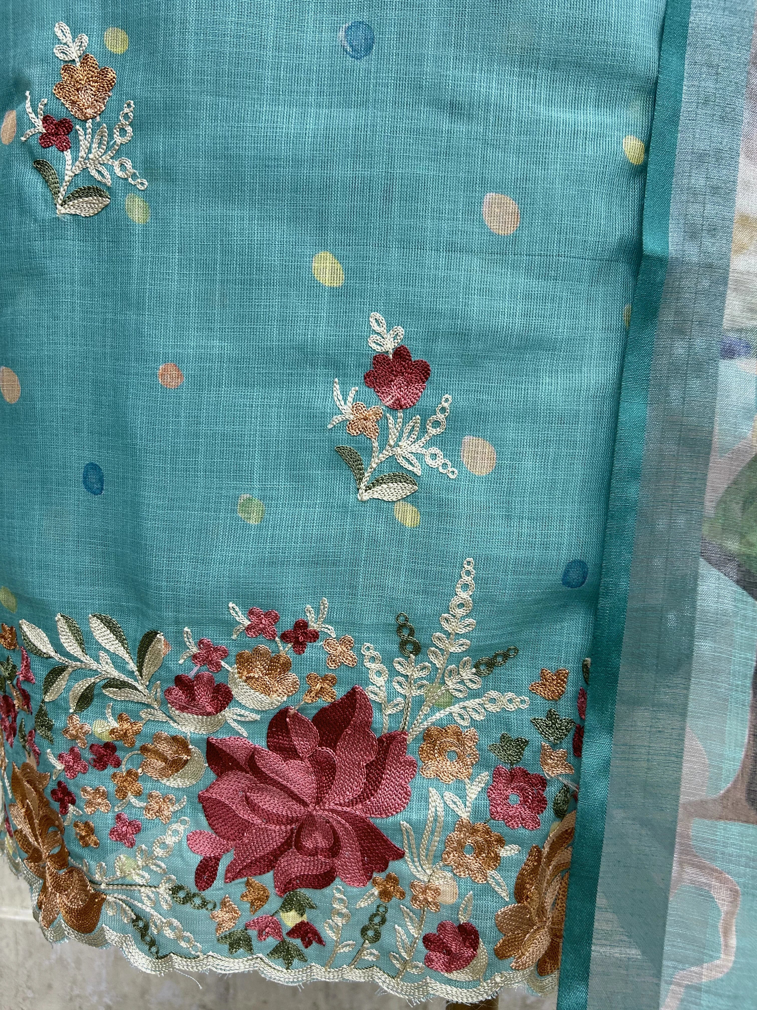Elegant Thread Embroidered Jamdani Linen Unstitched Suit Set