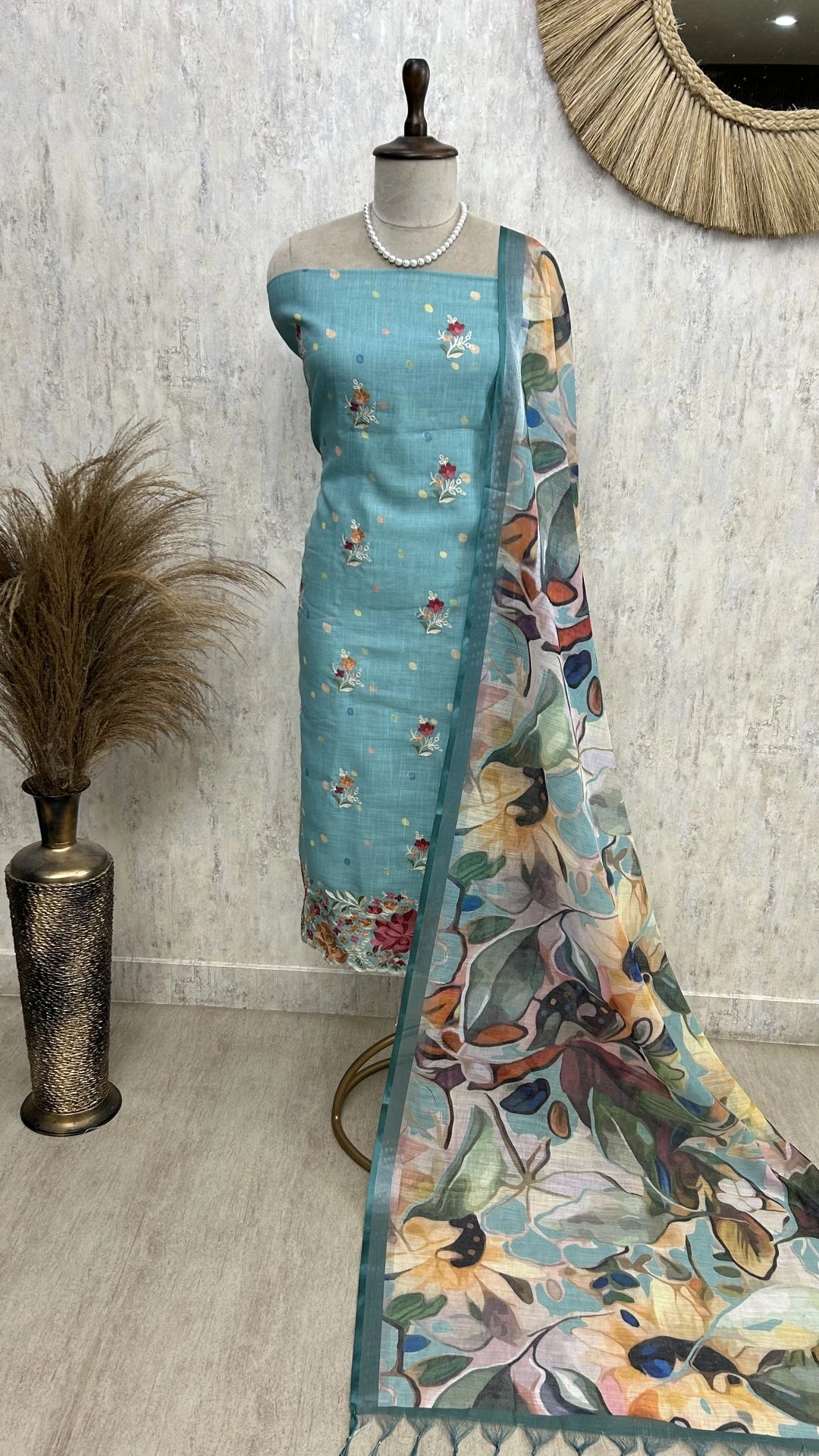 Elegant Thread Embroidered Jamdani Linen Unstitched Suit Set