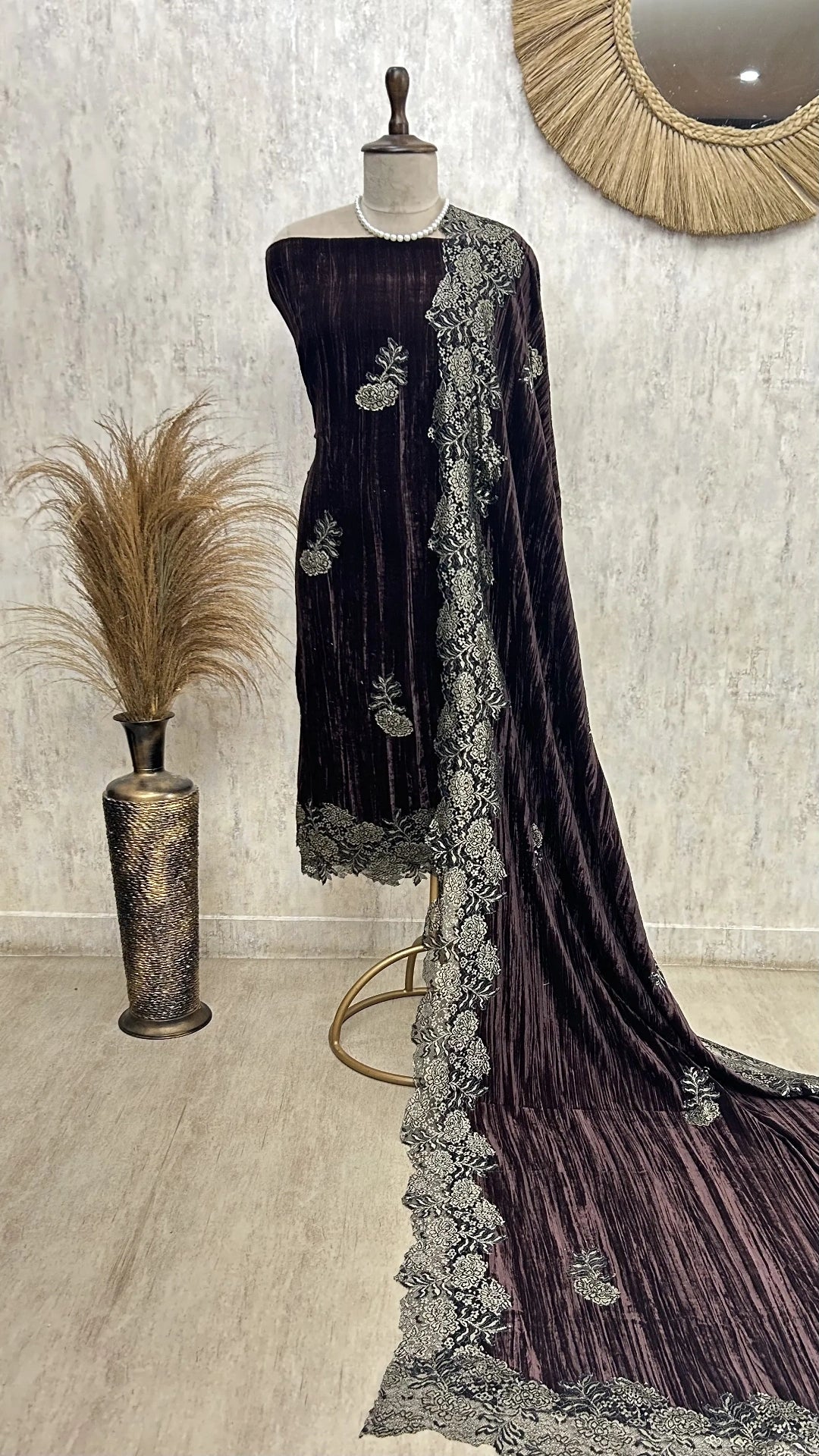 Velvet Unstitched Suit with Chantilly Lace