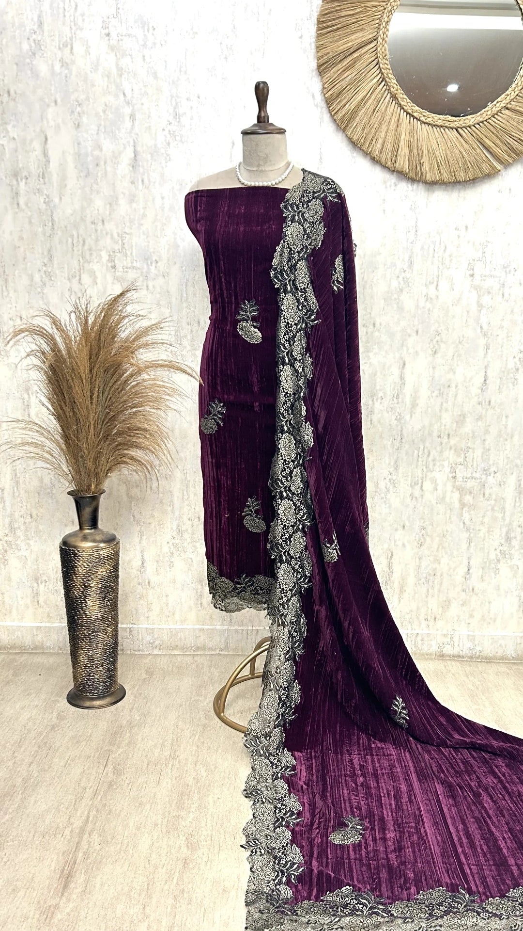 Velvet Unstitched Suit with Chantilly Lace