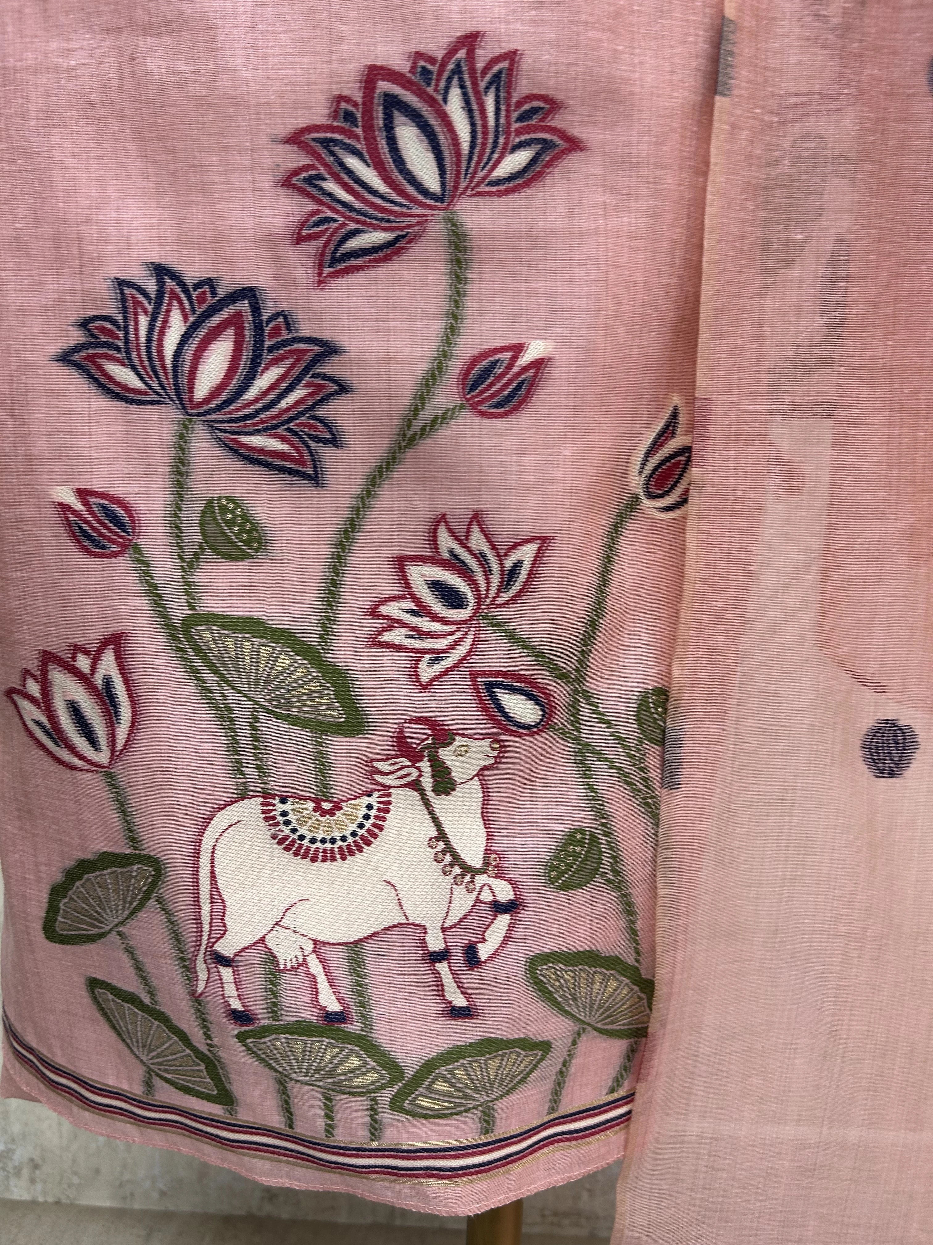 Pichwai Pattern Jamdani Linen Unstitched Suit Set