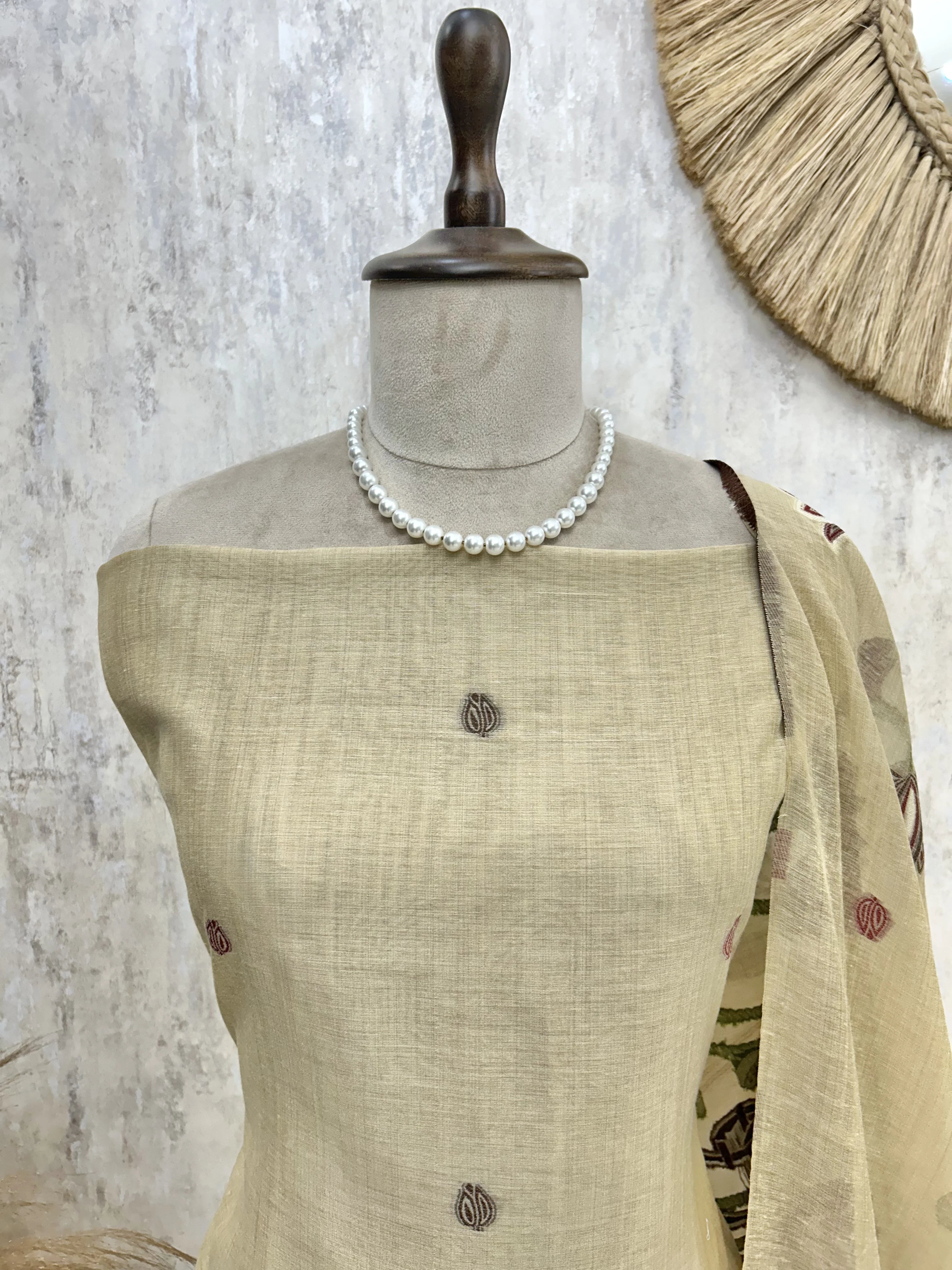 Pichwai Pattern Jamdani Linen Unstitched Suit Set