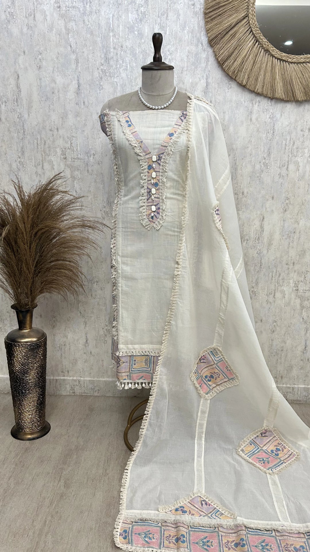 Cotton Unstitched Suit Set With Lacing Work