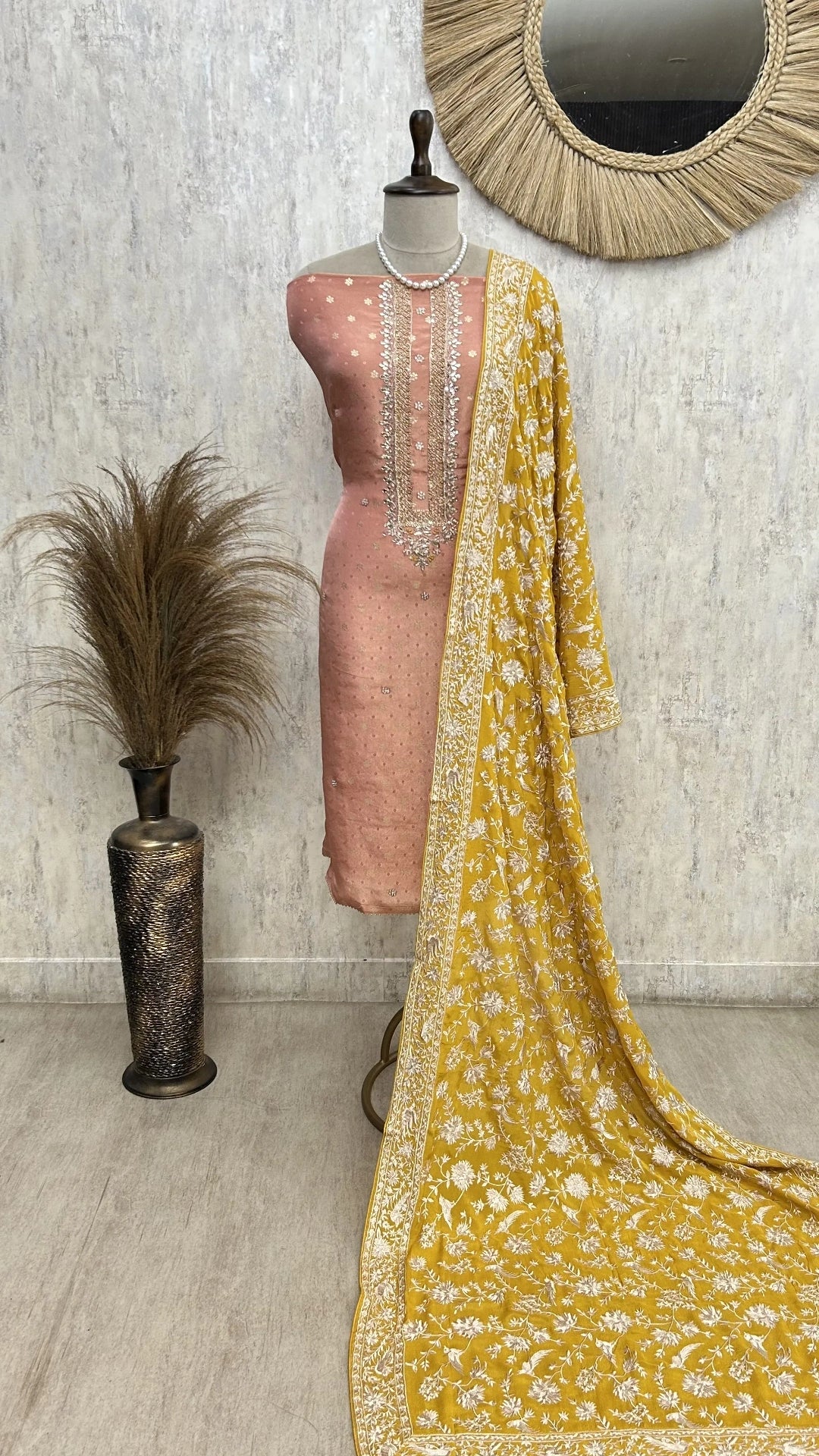 Tissue Unstitched Suit with Parsi Embroidered Dupatta