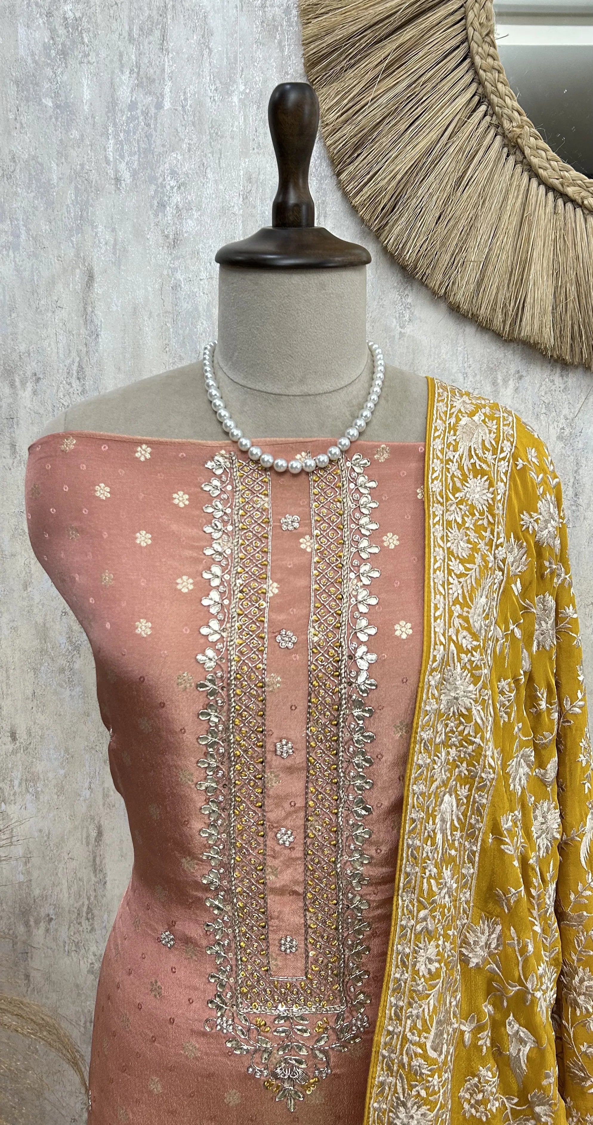Tissue Unstitched Suit with Parsi Embroidered Dupatta