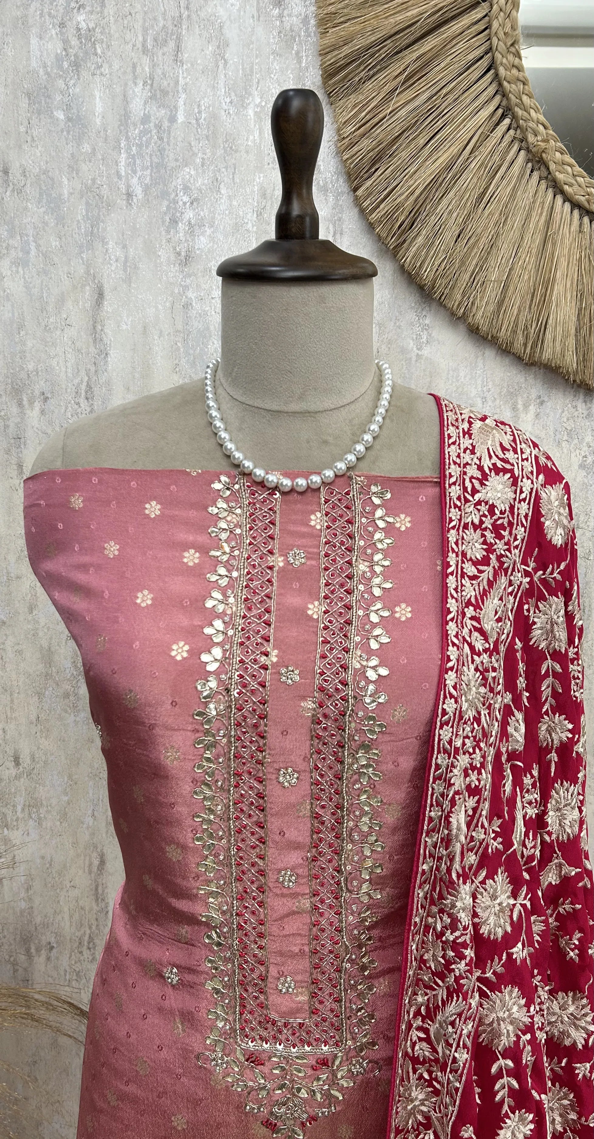 Tissue Unstitched Suit with Parsi Embroidered Dupatta