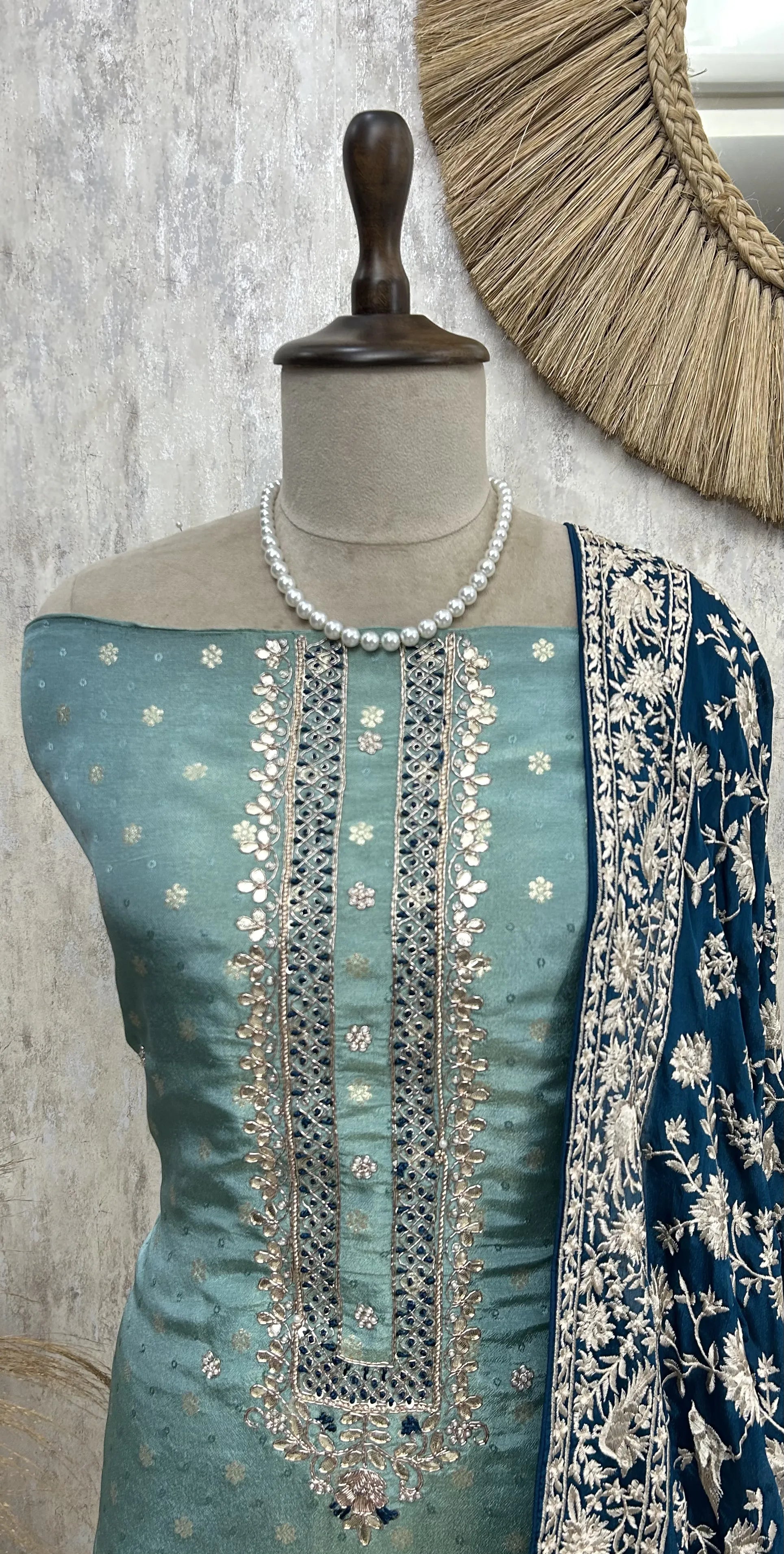 Tissue Unstitched Suit with Parsi Embroidered Dupatta