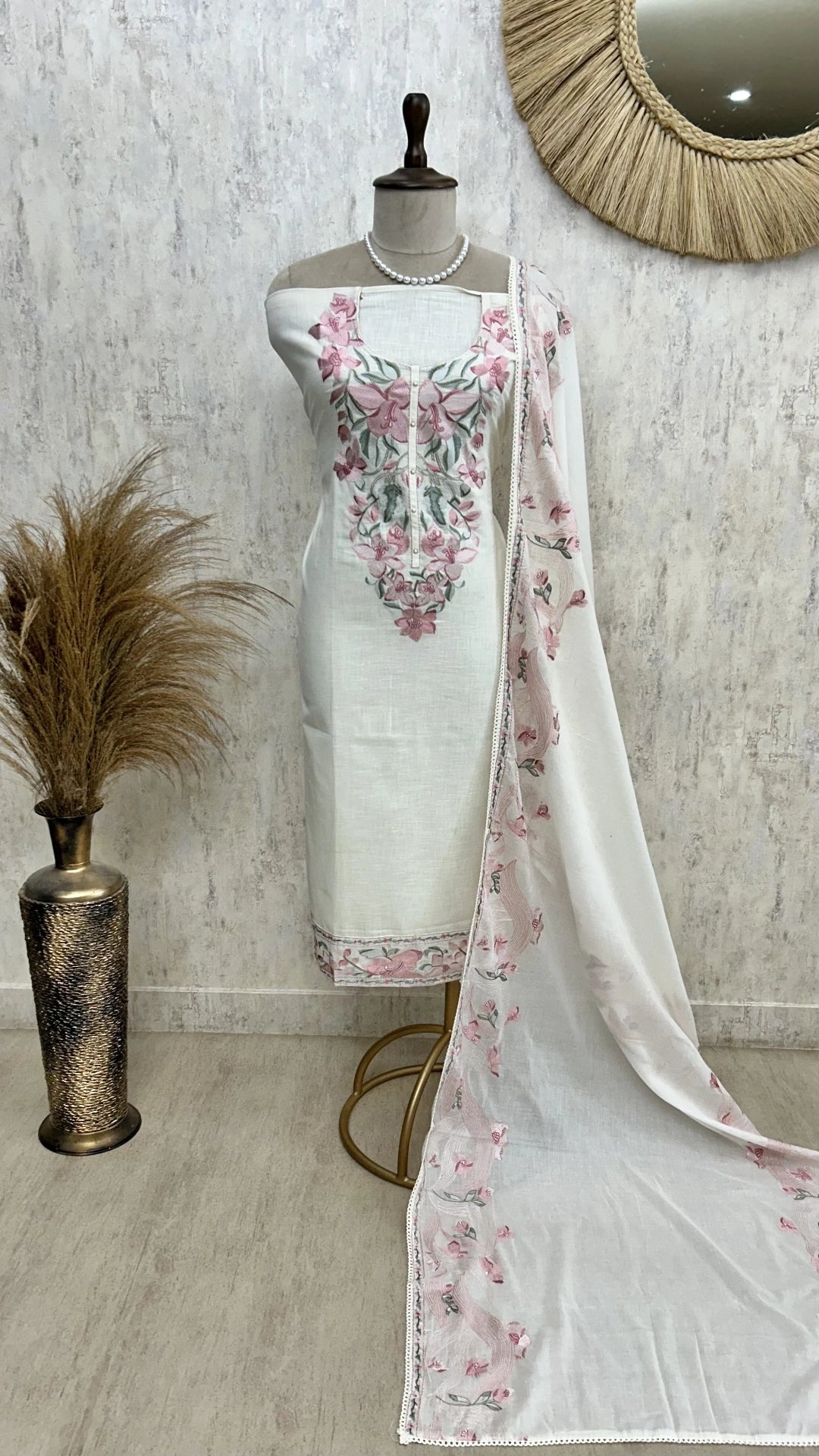 Breezy Linen Unstitched Suit Set With Thread Embroidery