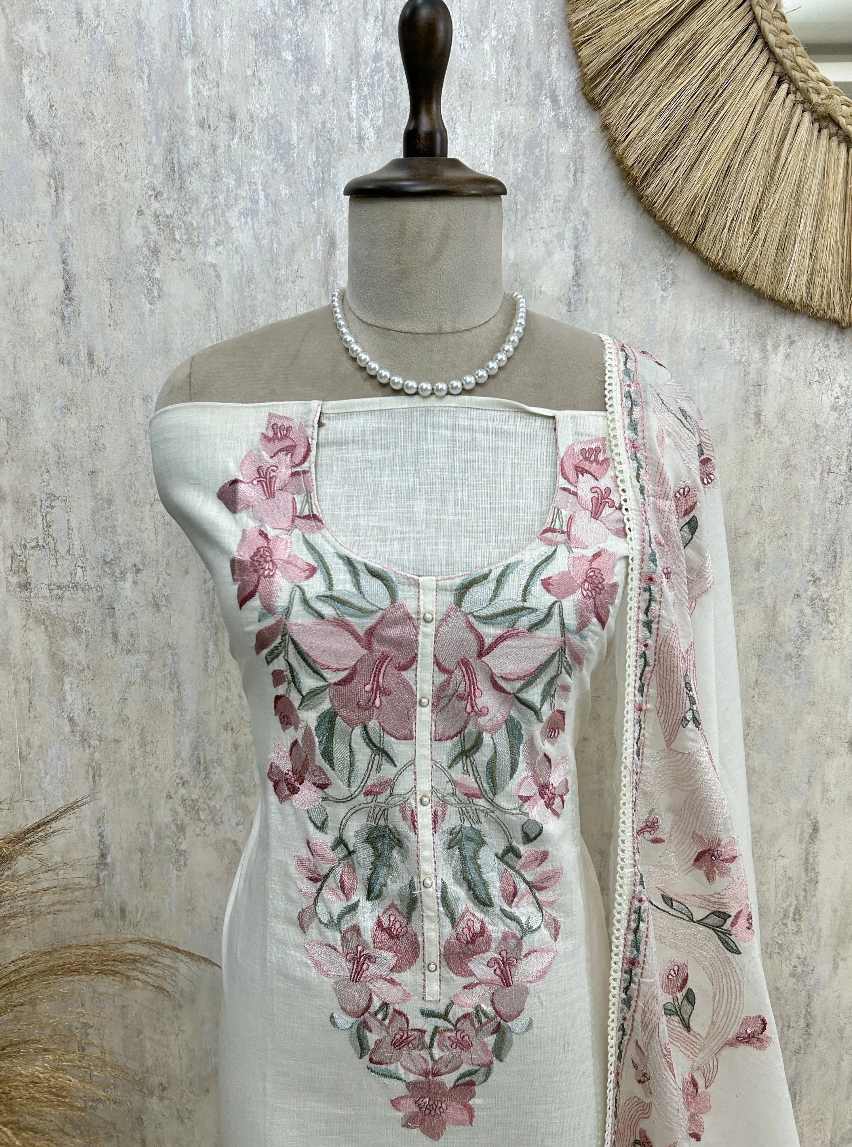 Breezy Linen Unstitched Suit Set With Thread Embroidery
