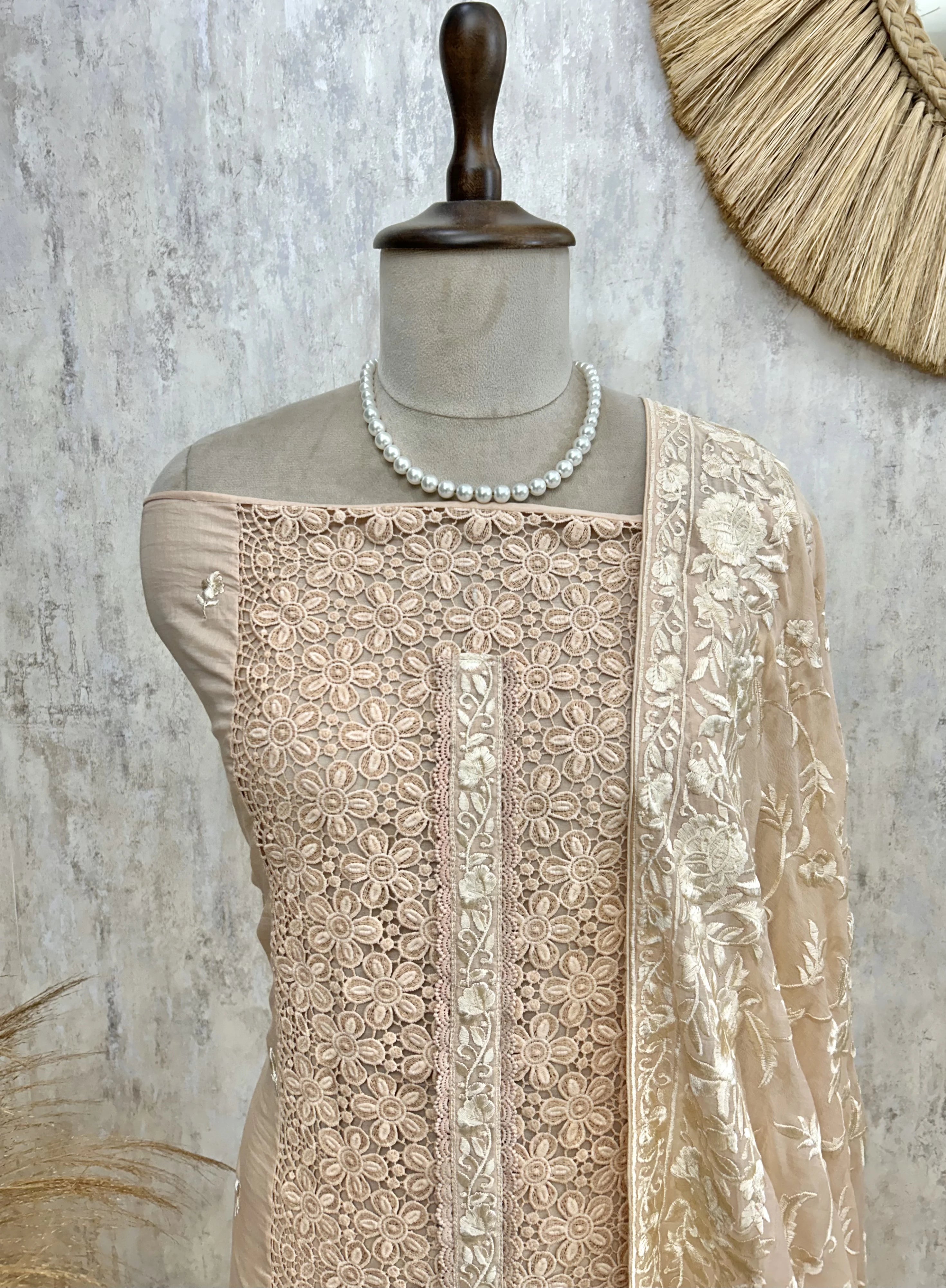 Mul Unstitched Suit Set With Cut Lace Work