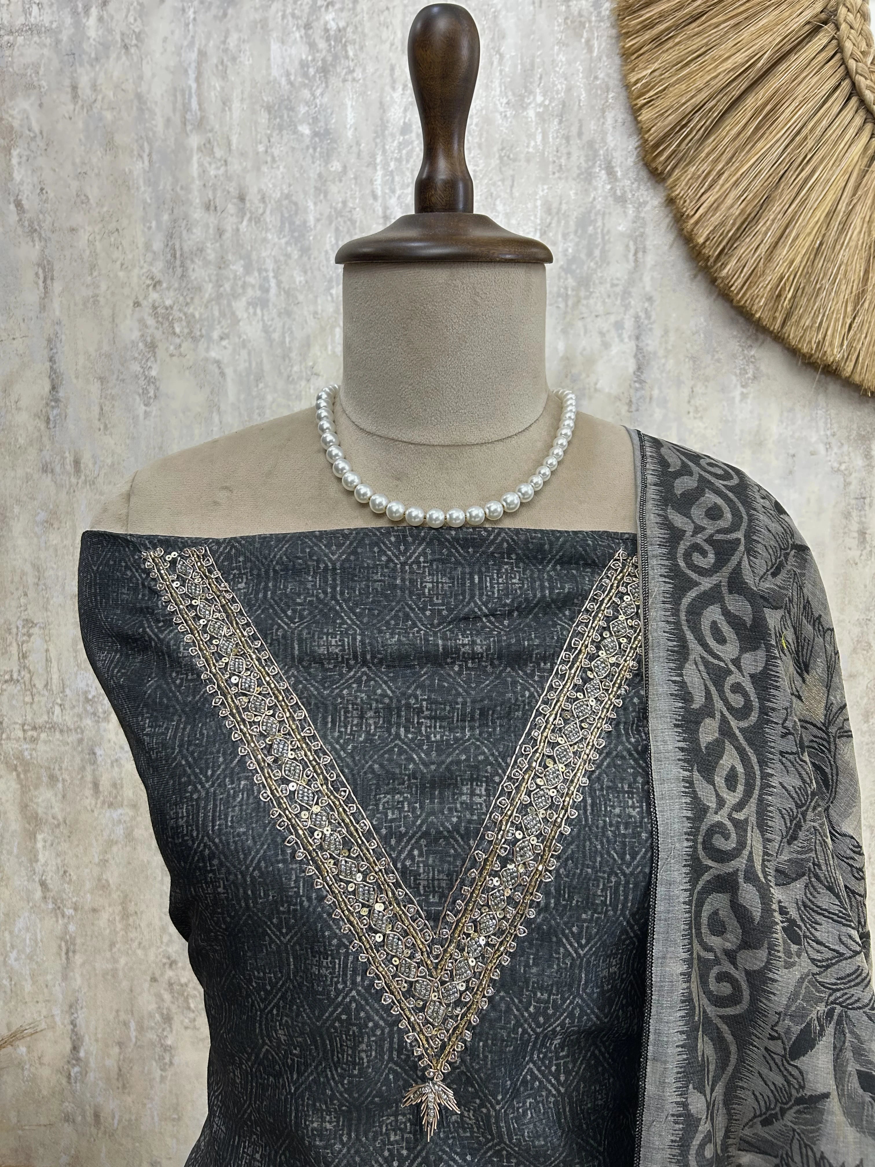 Maheshwari Unstitched Suit Set With Cutdana Work On Neckline