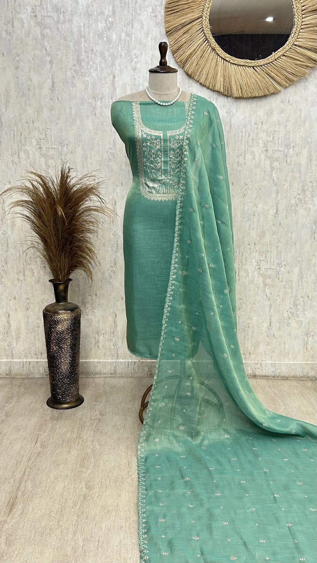 Tissue Linen Unstitched suit with Pita work