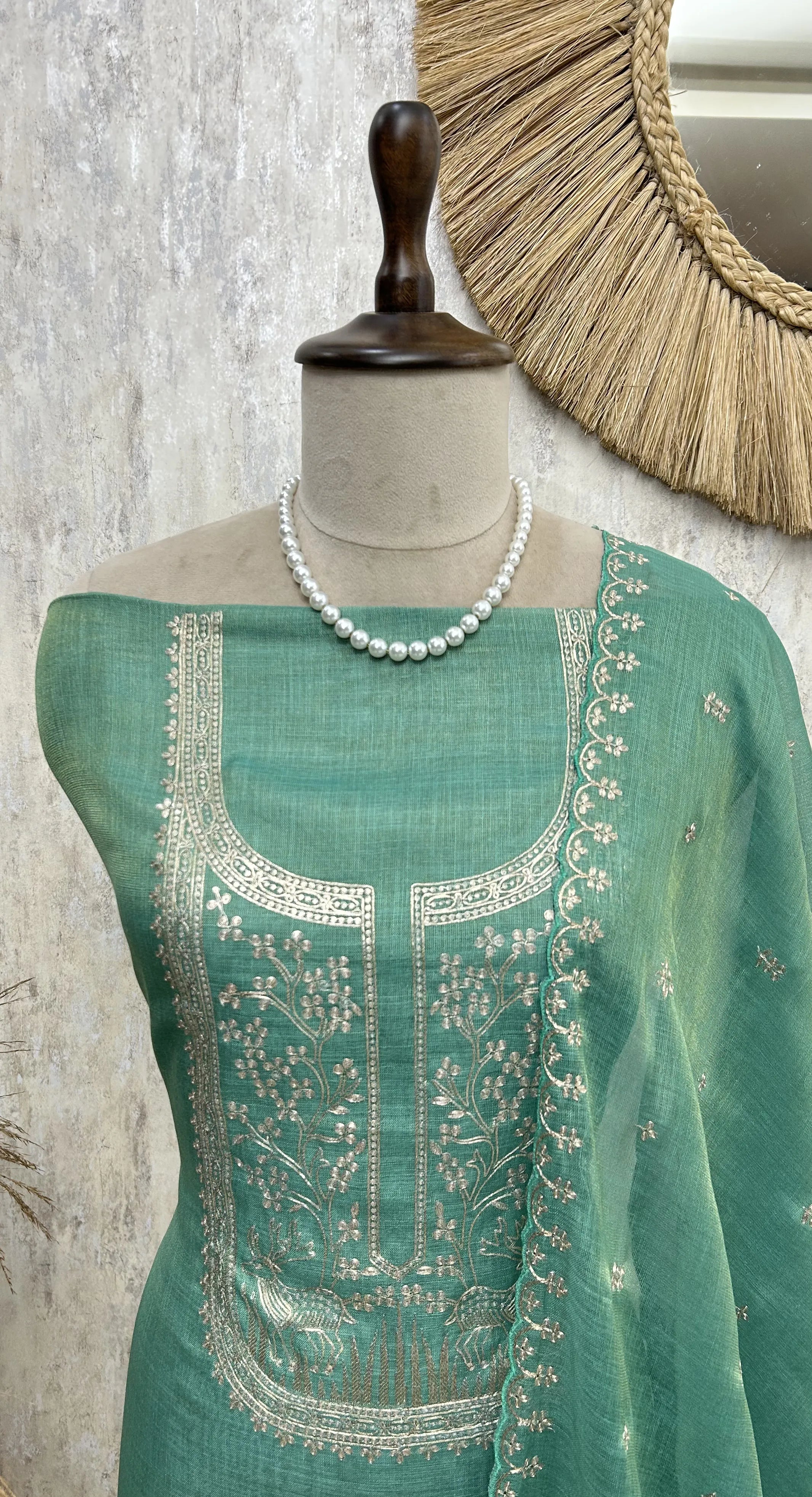 Tissue Linen Unstitched suit with Pita work