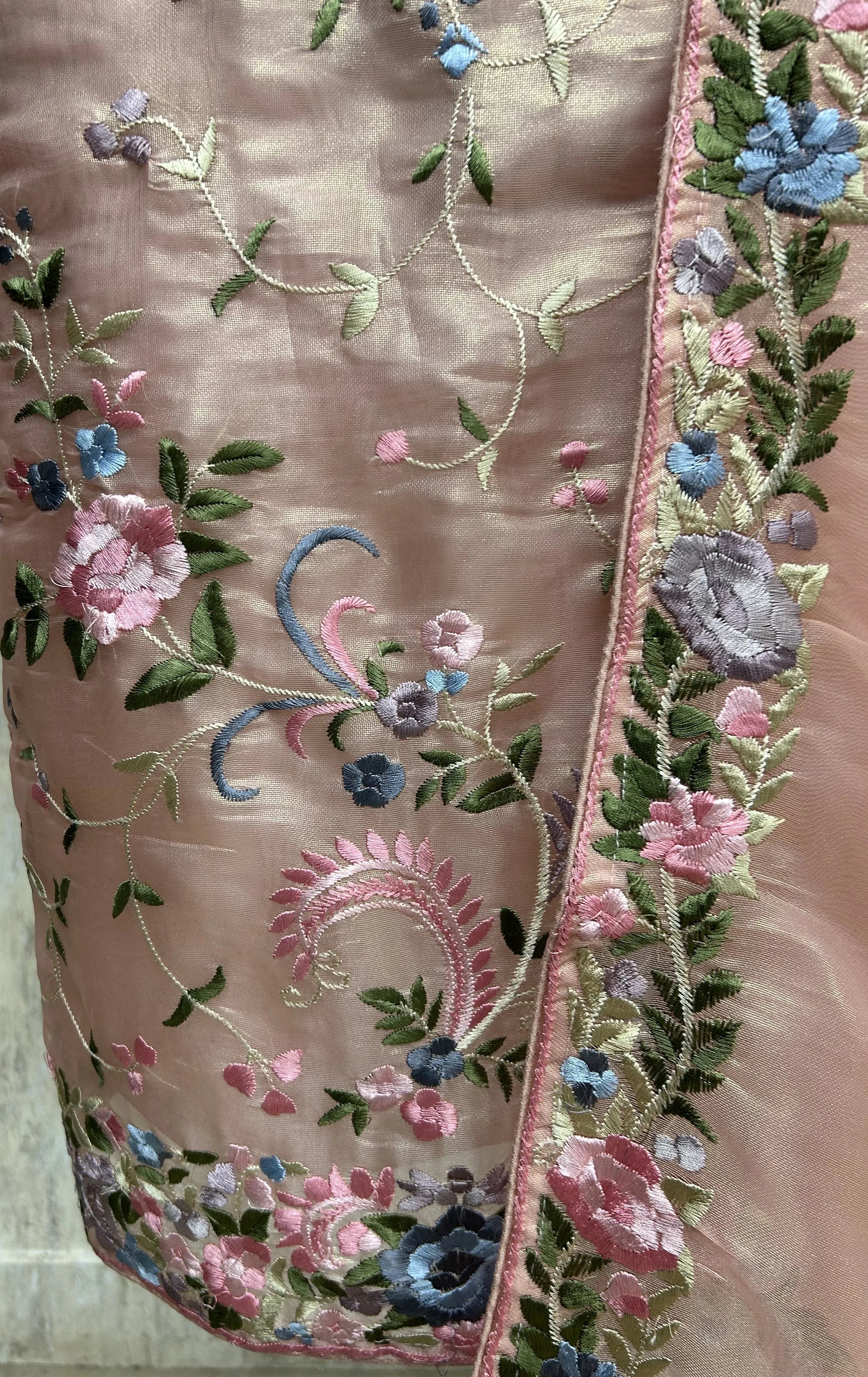 Glass Organza Unstitched Suit with Floral Thread Embroidery