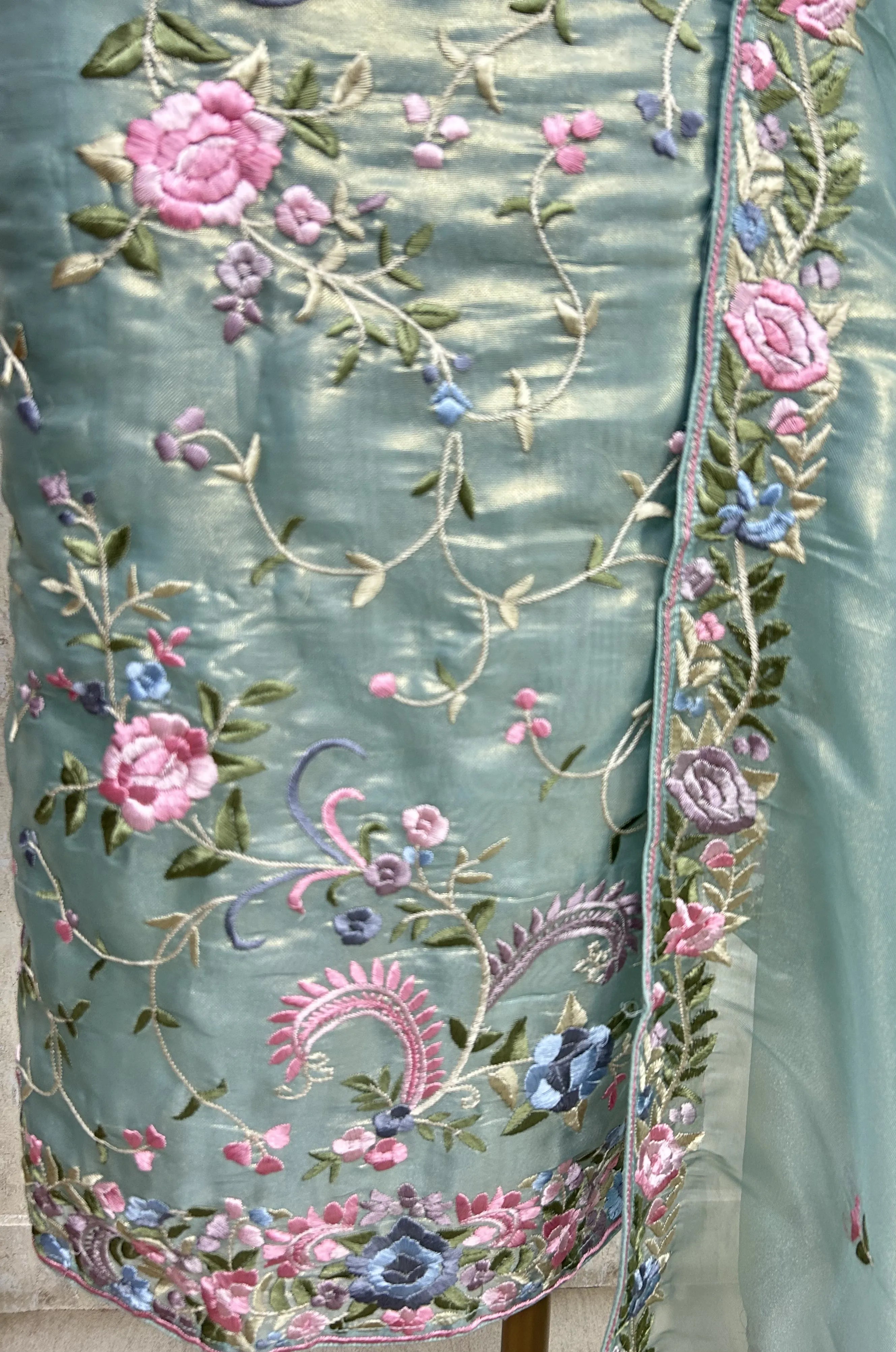 Glass Organza Unstitched Suit with Floral Thread Embroidery