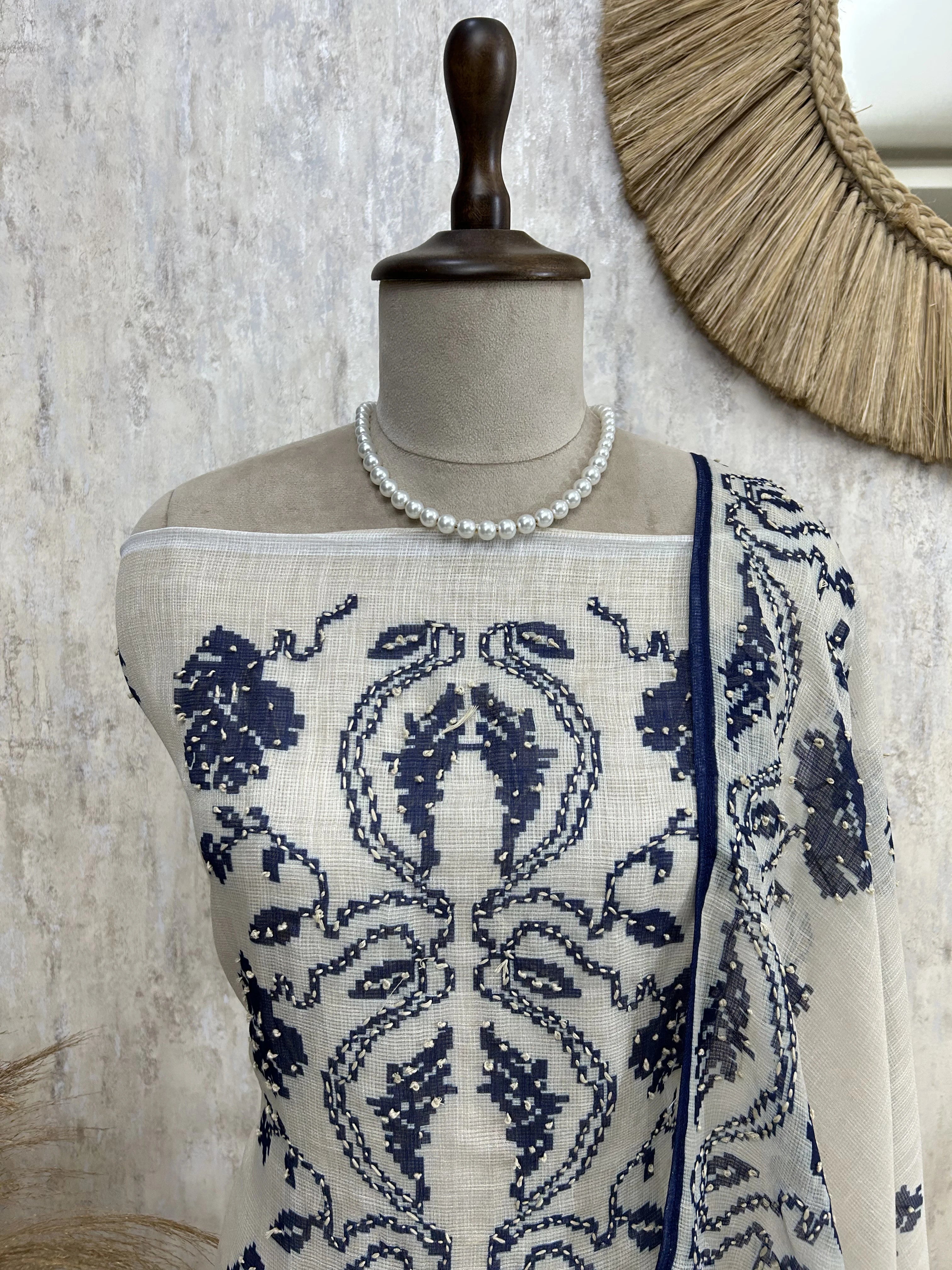 Kota Unstitched Suit Set With Intricate Kantha
