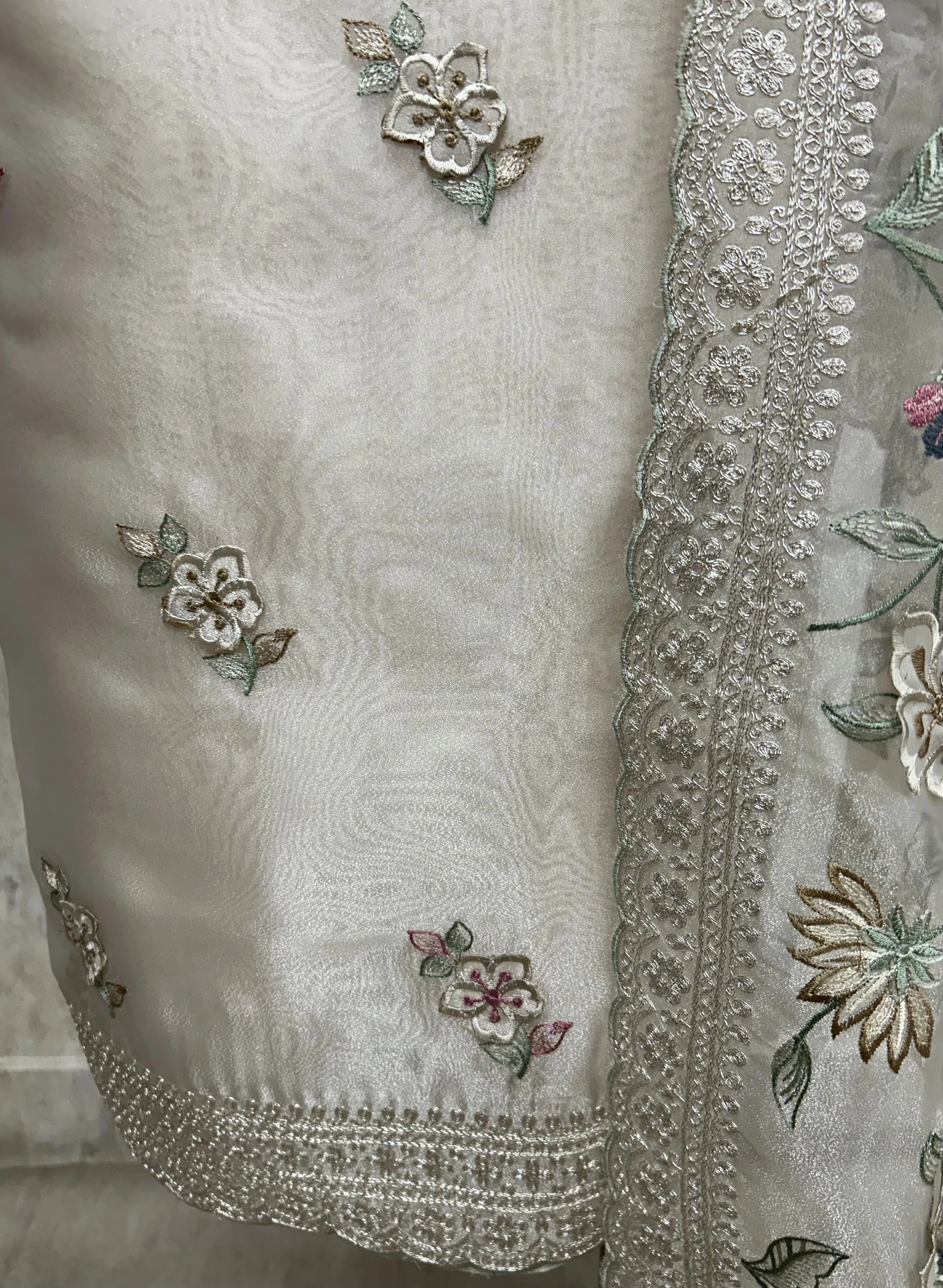 Glass Organza Unstitched Suit with Applique work