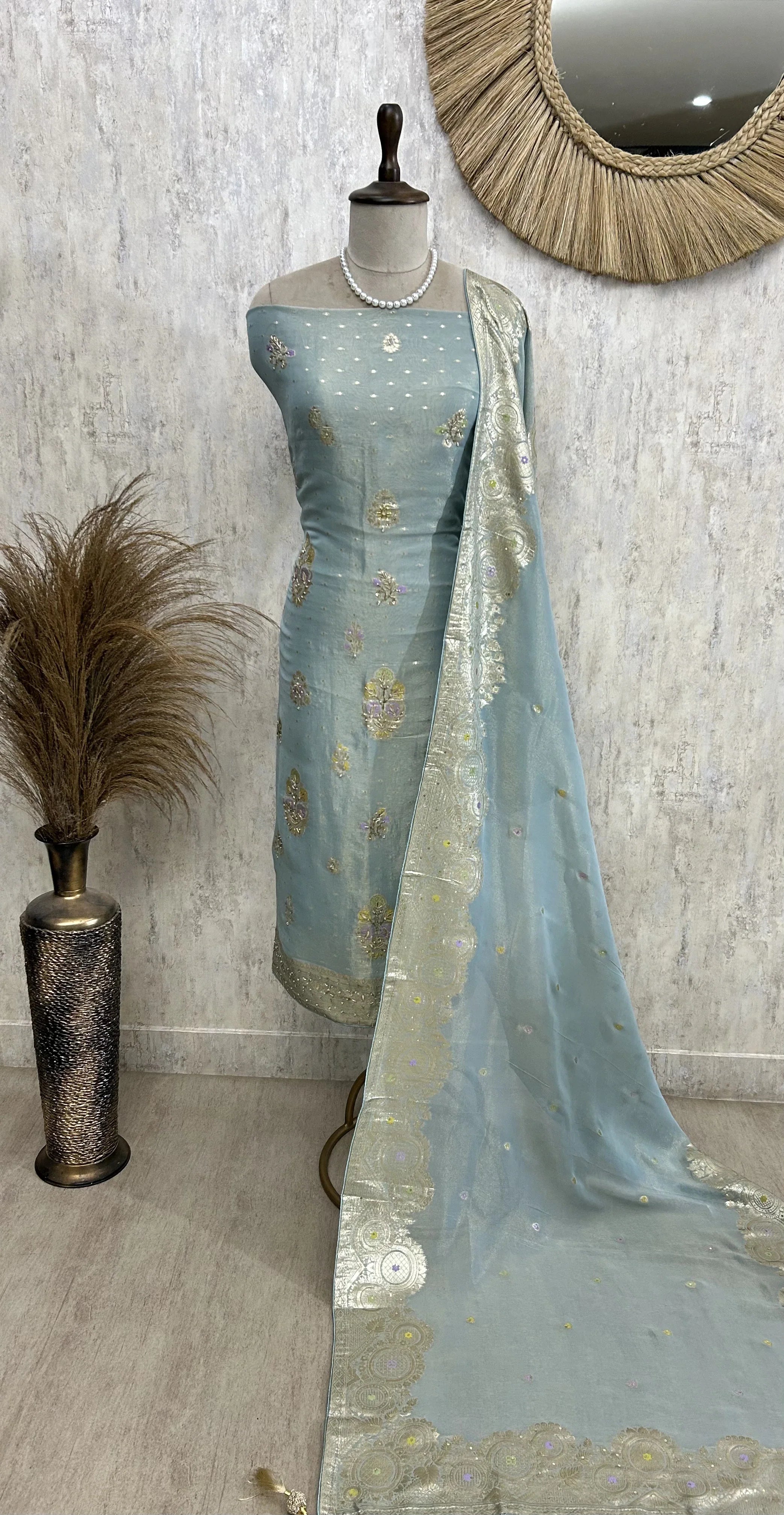 Hand Embroidered Tissue Unstitched Suit Set
