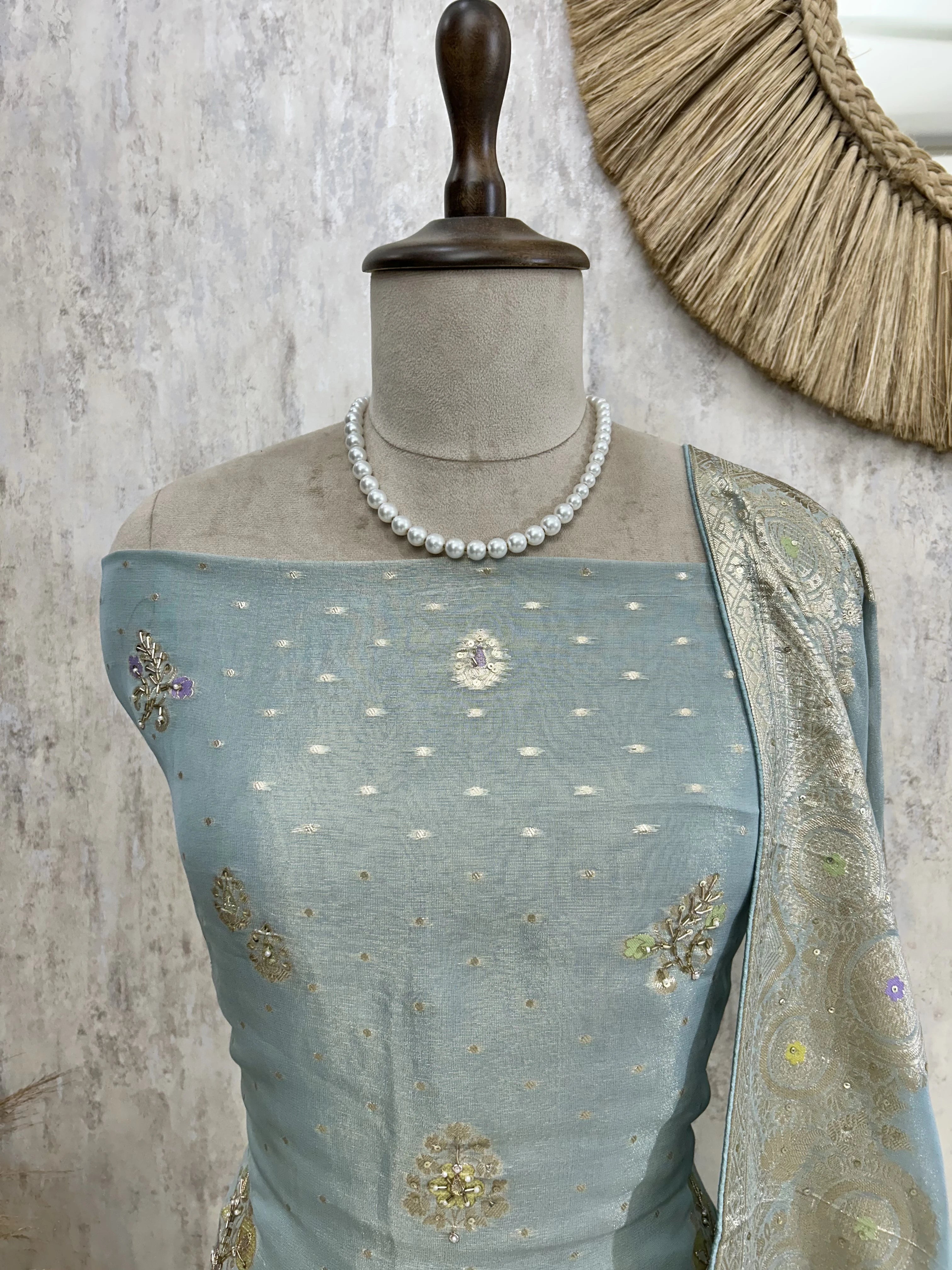 Hand Embroidered Tissue Unstitched Suit Set