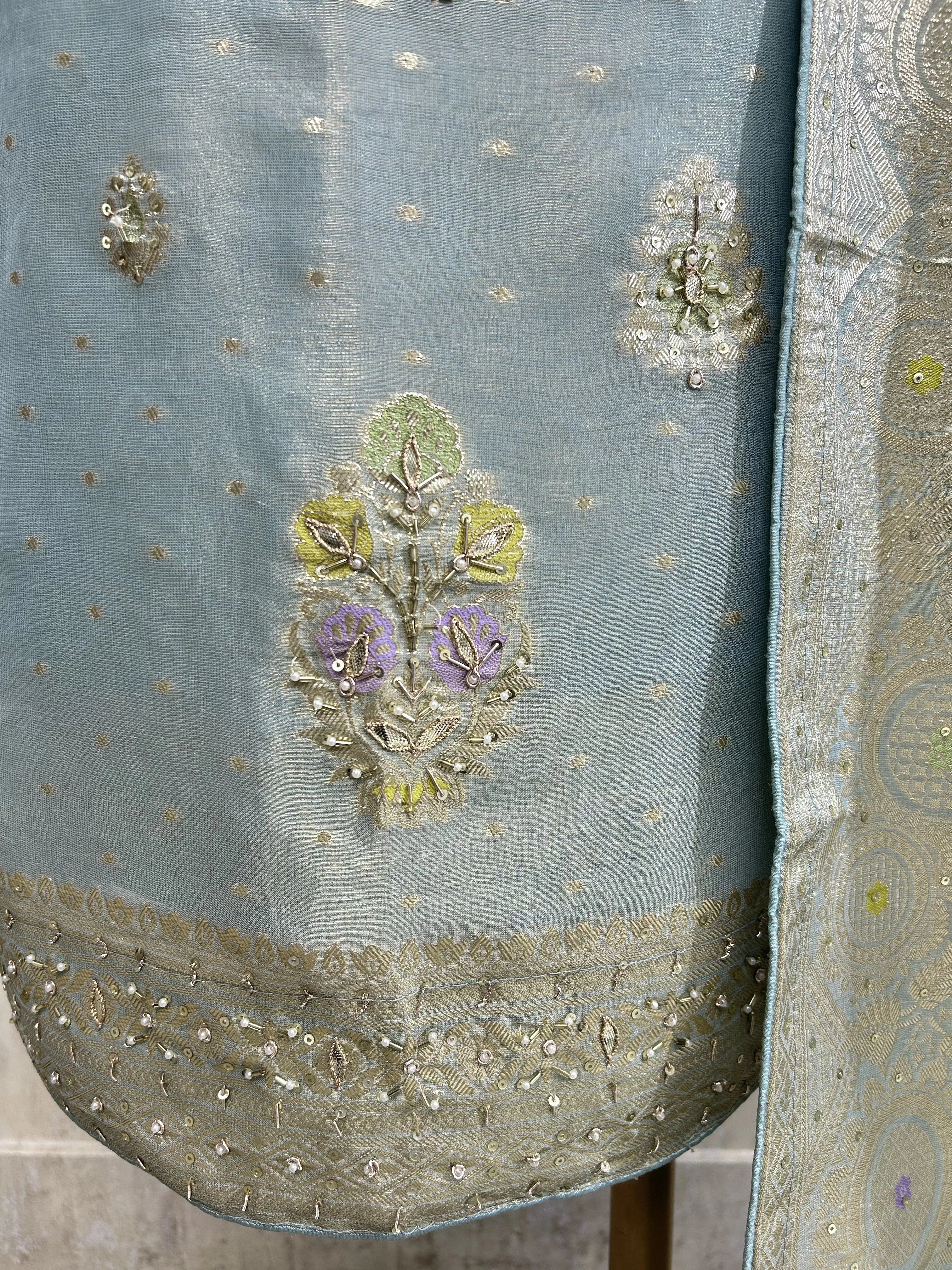 Hand Embroidered Tissue Unstitched Suit Set