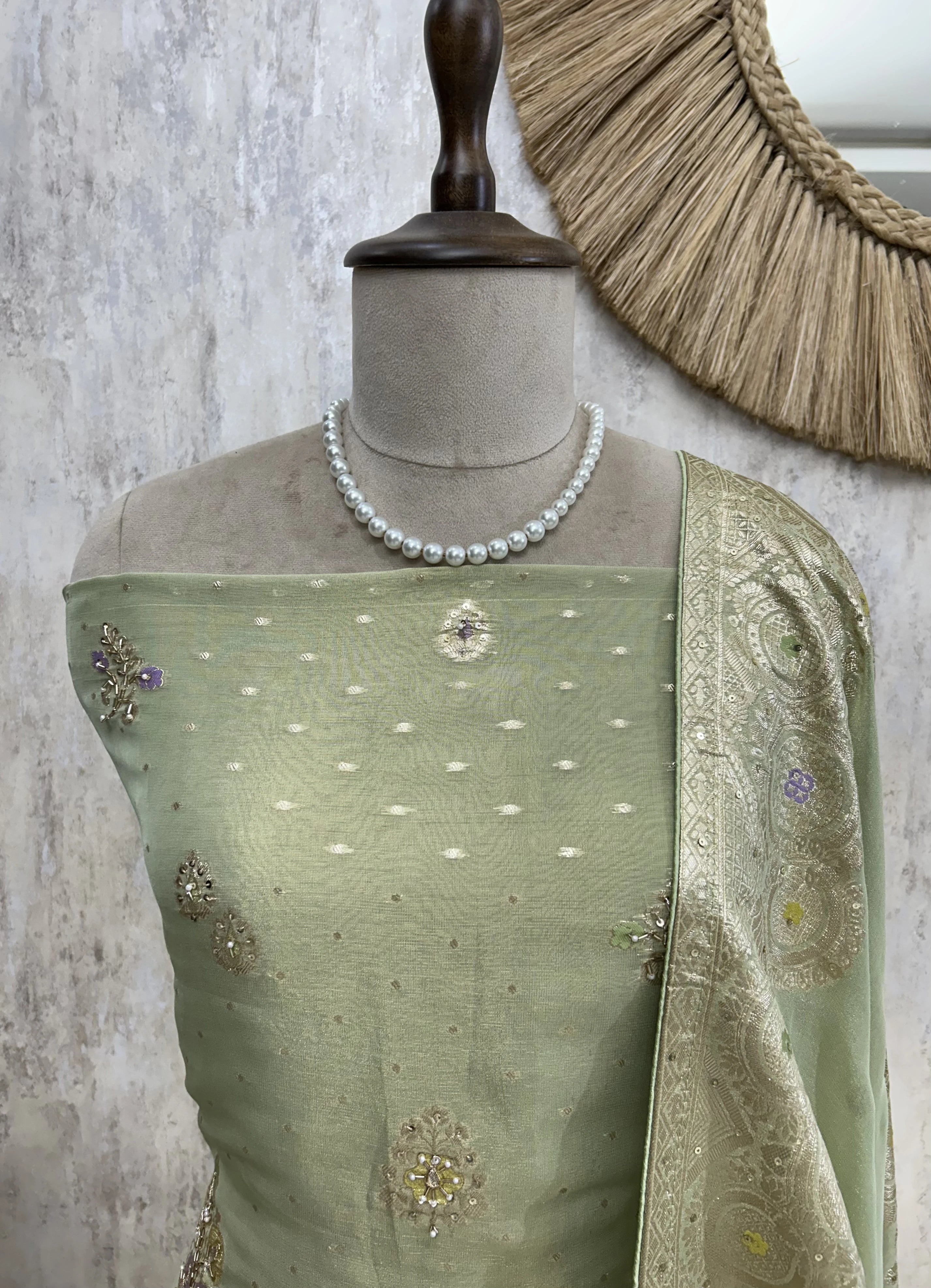 Hand Embroidered Tissue Unstitched Suit Set
