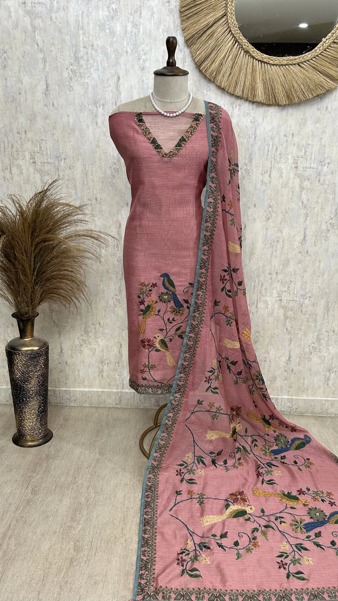 Parrot Motif Kantha Jamdani Linen Unstitched Suit Set