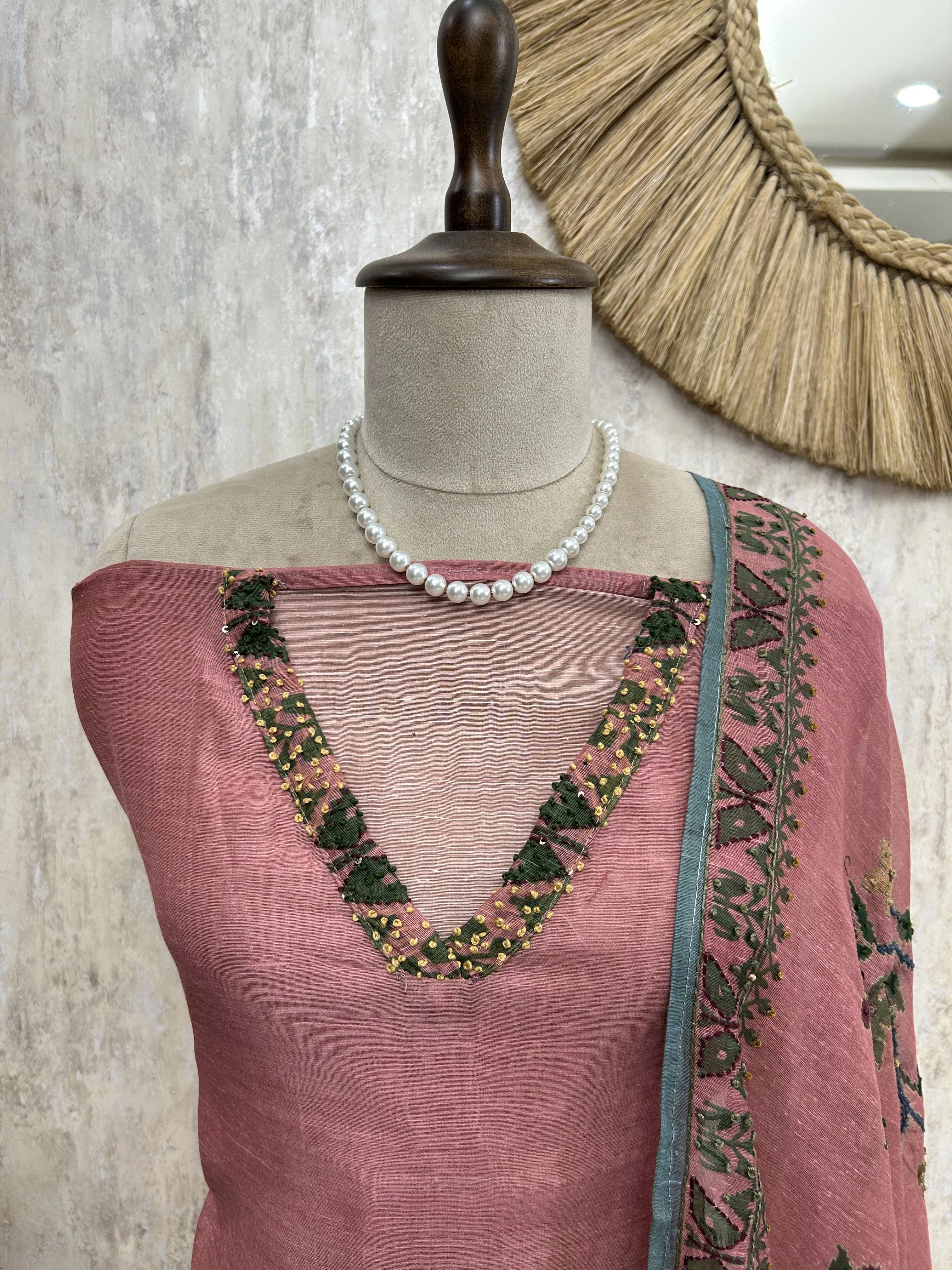Parrot Motif Kantha Jamdani Linen Unstitched Suit Set