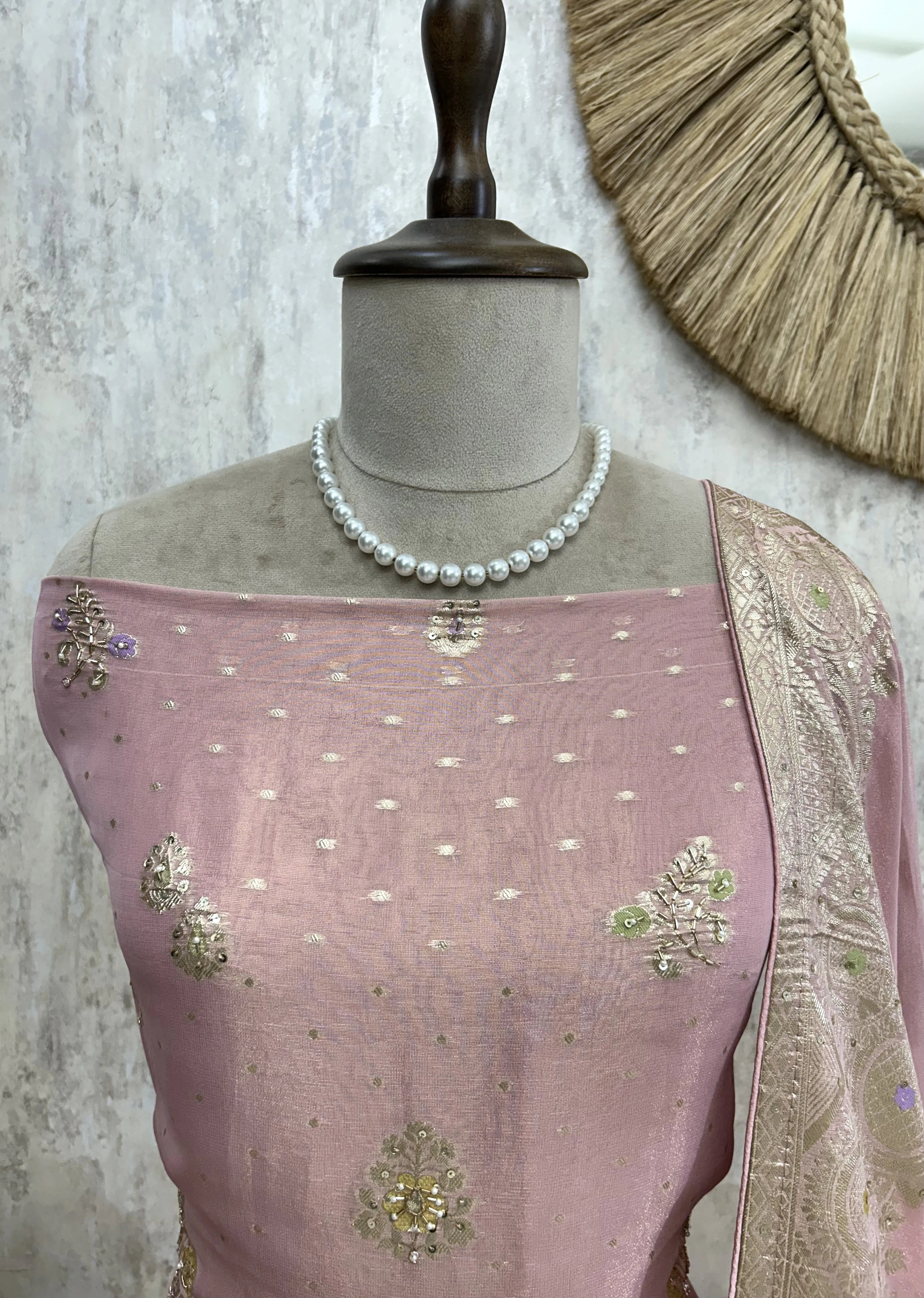 Hand Embroidered Tissue Unstitched Suit Set