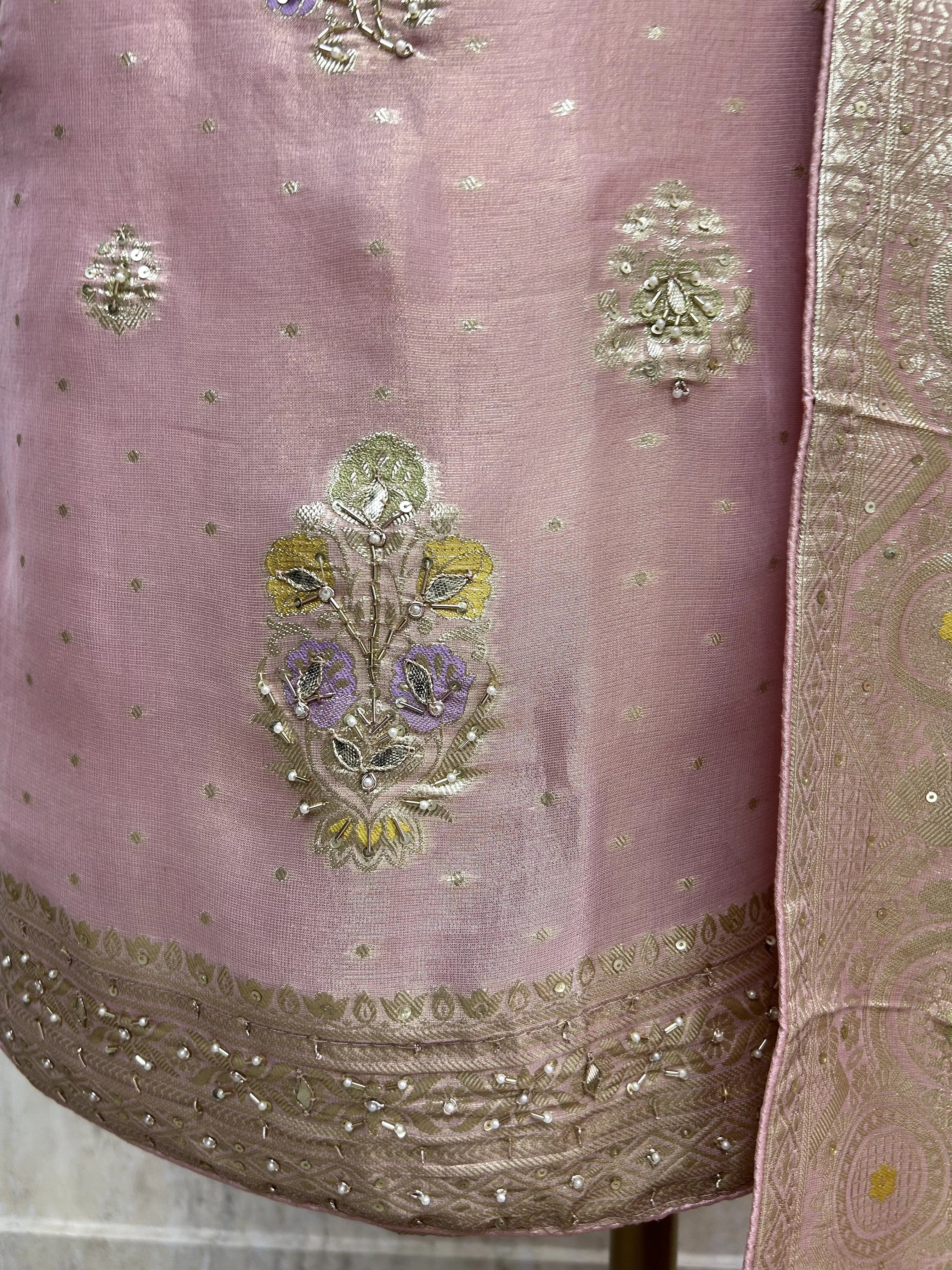 Hand Embroidered Tissue Unstitched Suit Set