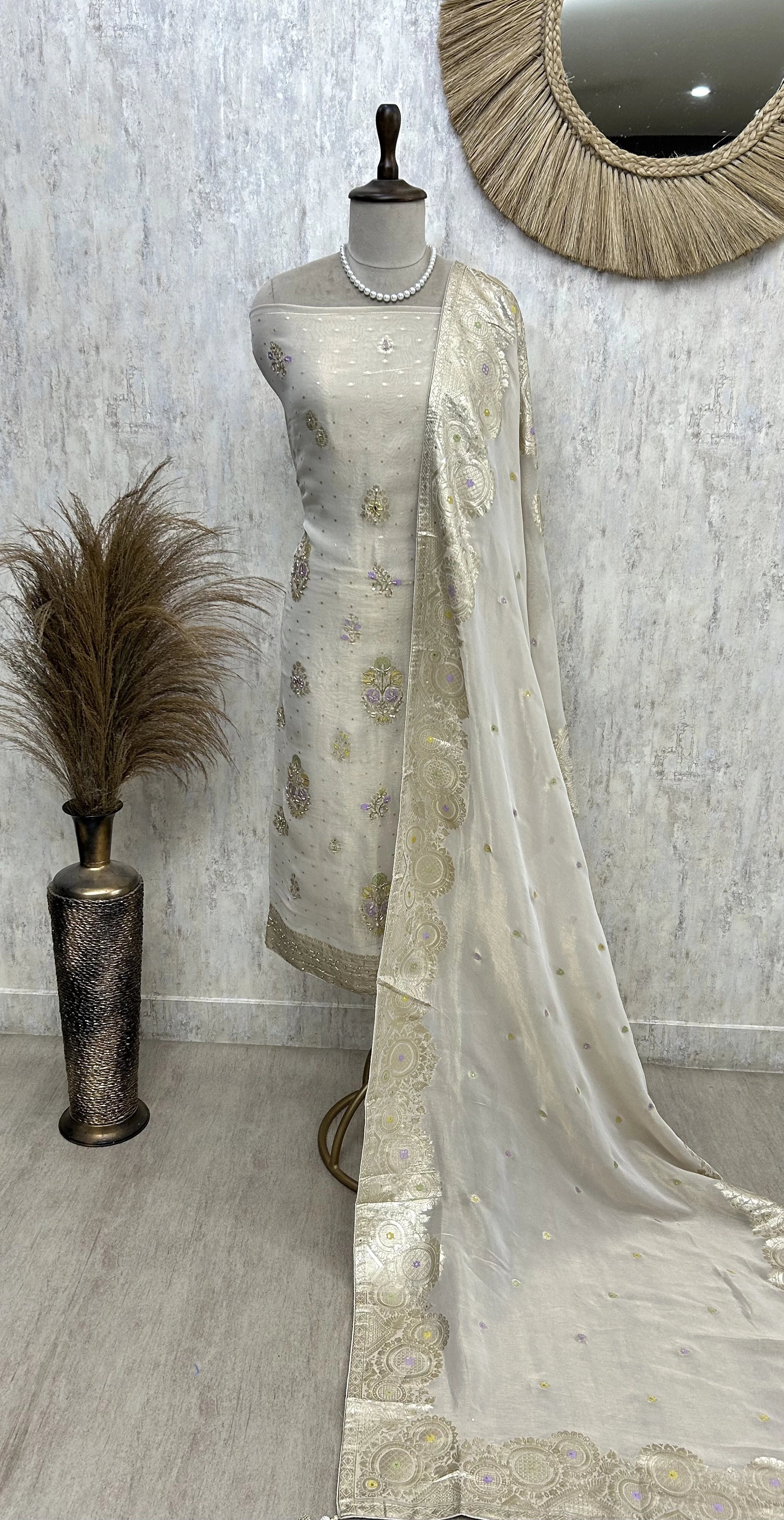 Hand Embroidered Tissue Unstitched Suit Set