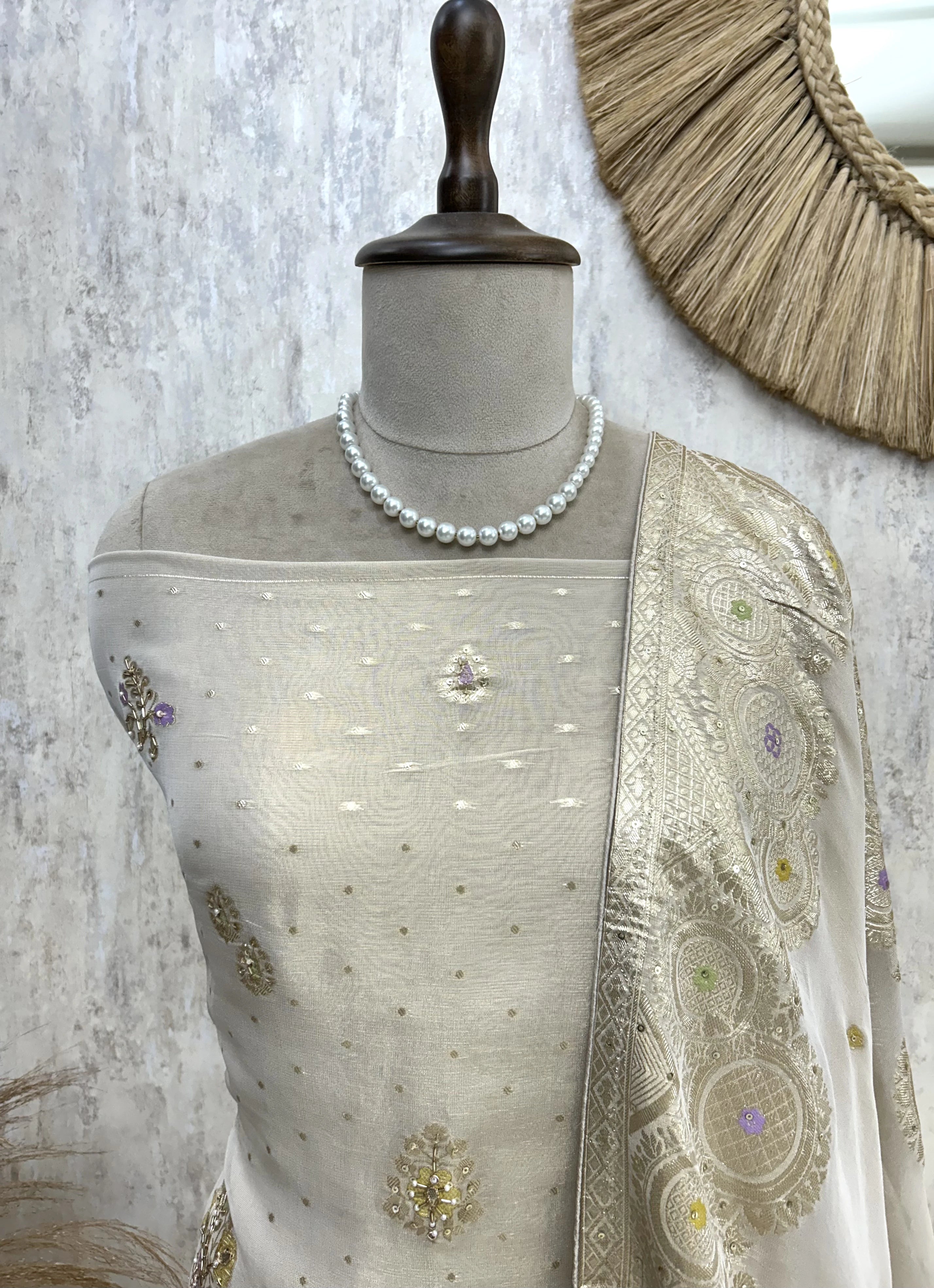 Hand Embroidered Tissue Unstitched Suit Set