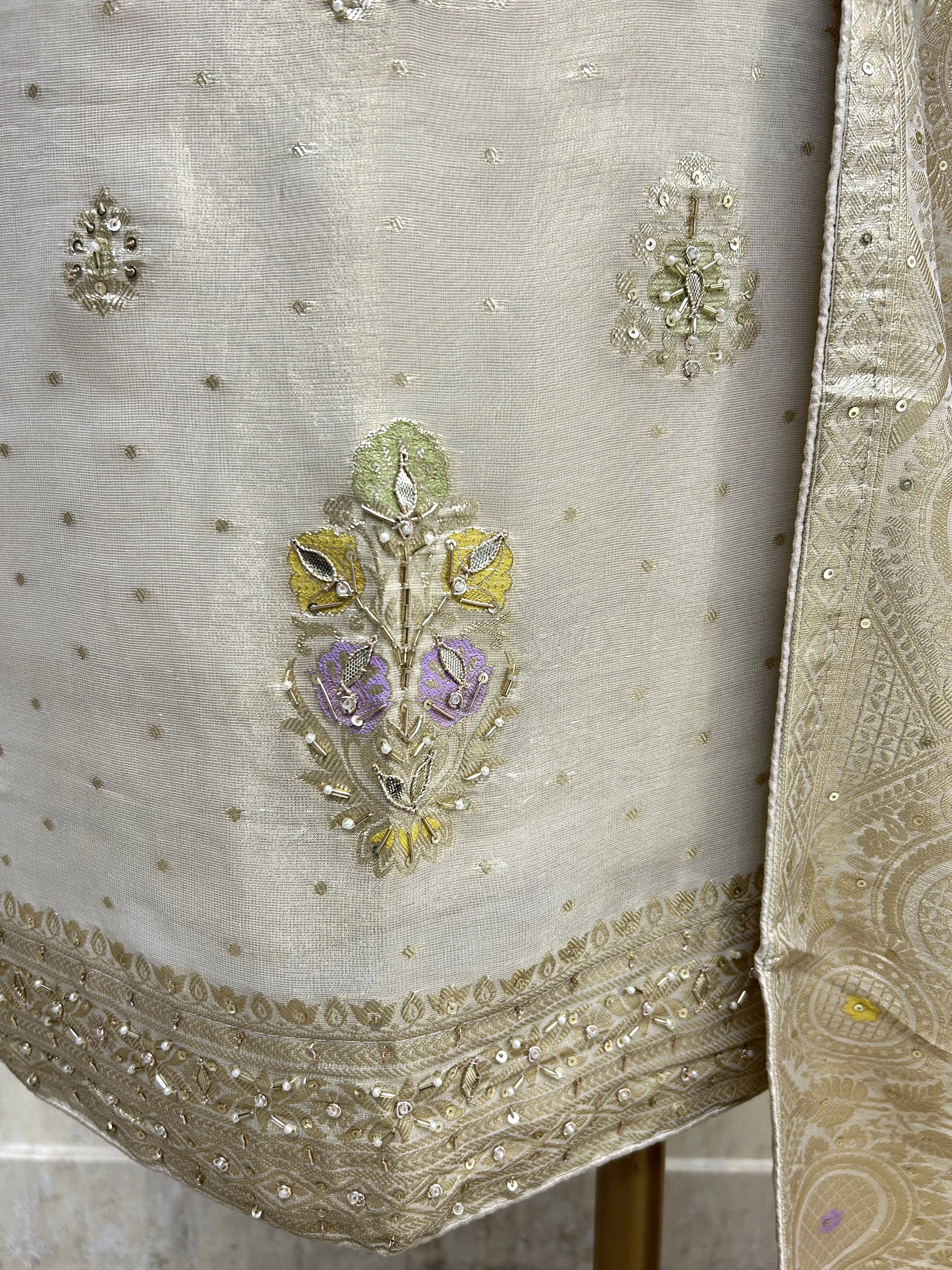 Hand Embroidered Tissue Unstitched Suit Set