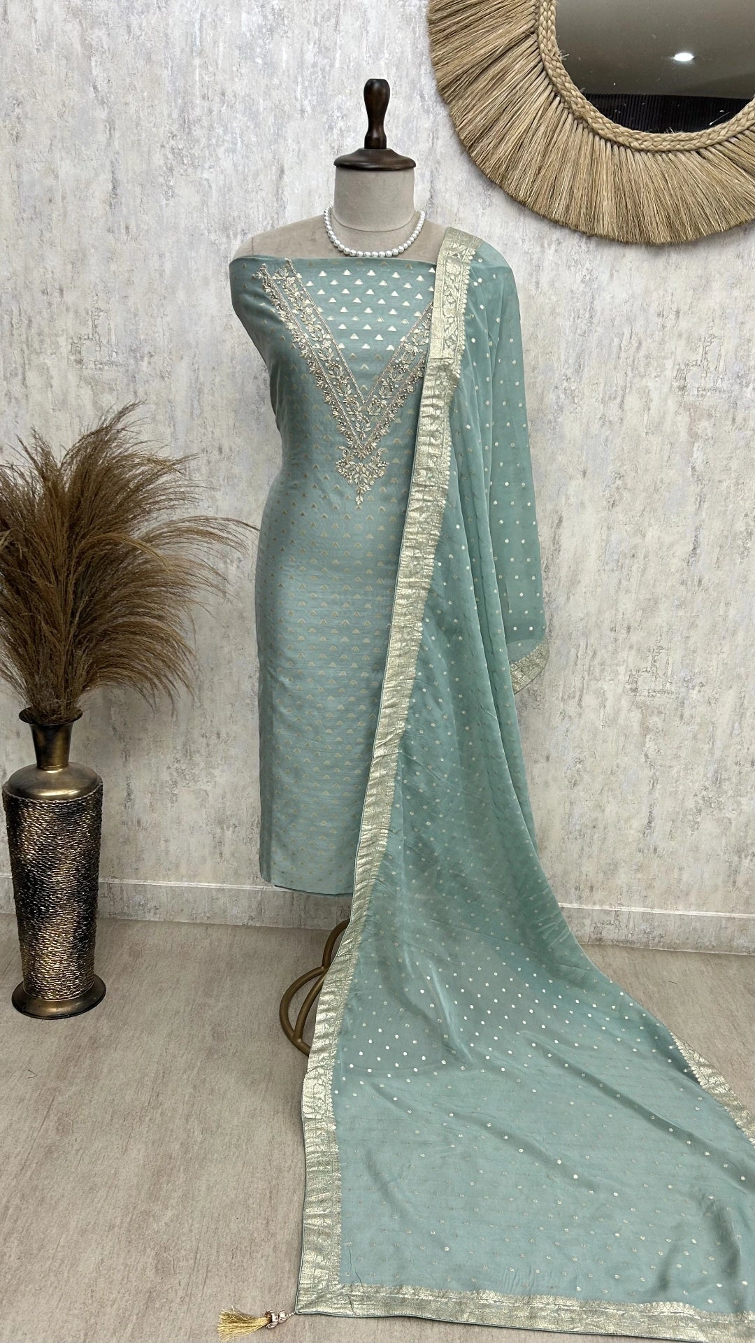 Maheshwari Unstitched Suit Set With Zardozi Work on Neckline