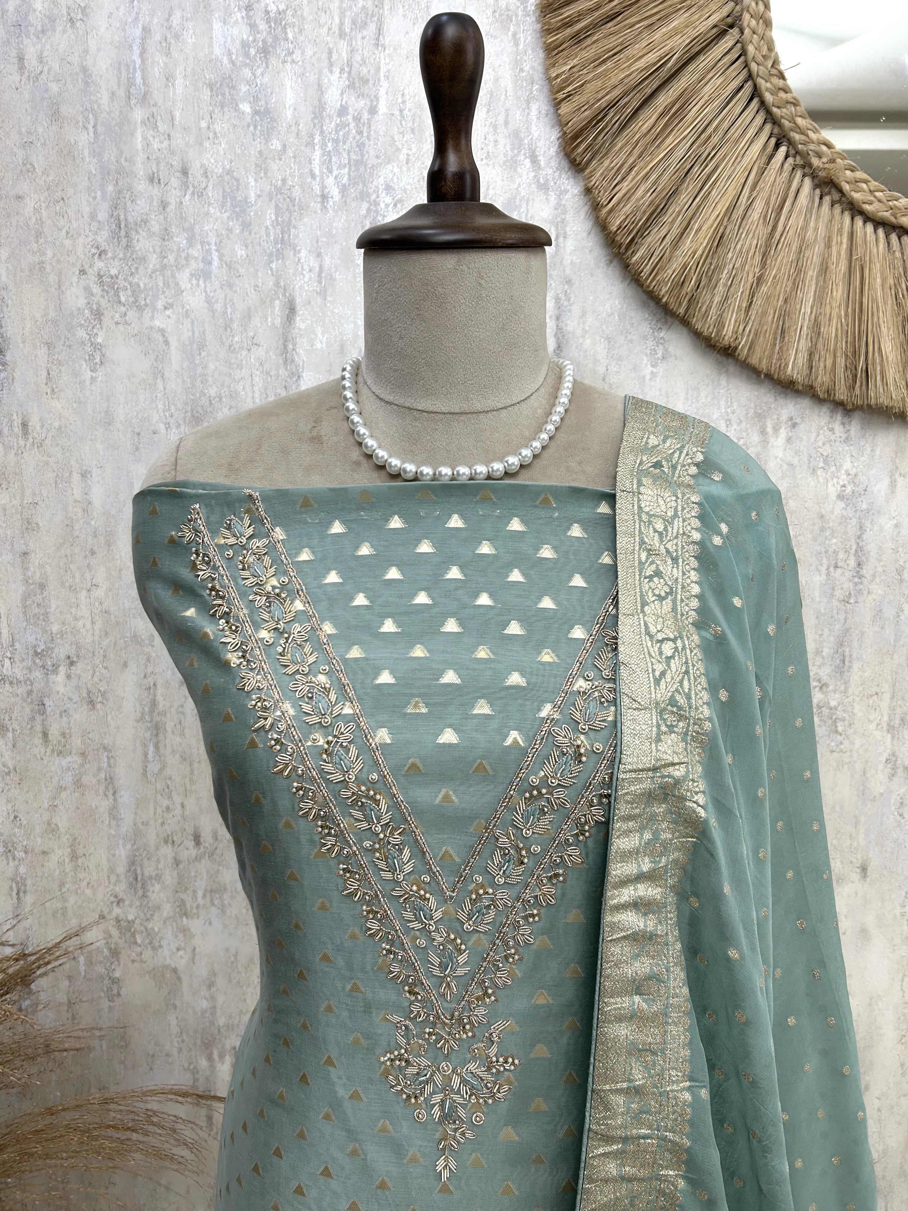 Maheshwari Unstitched Suit Set With Zardozi Work on Neckline