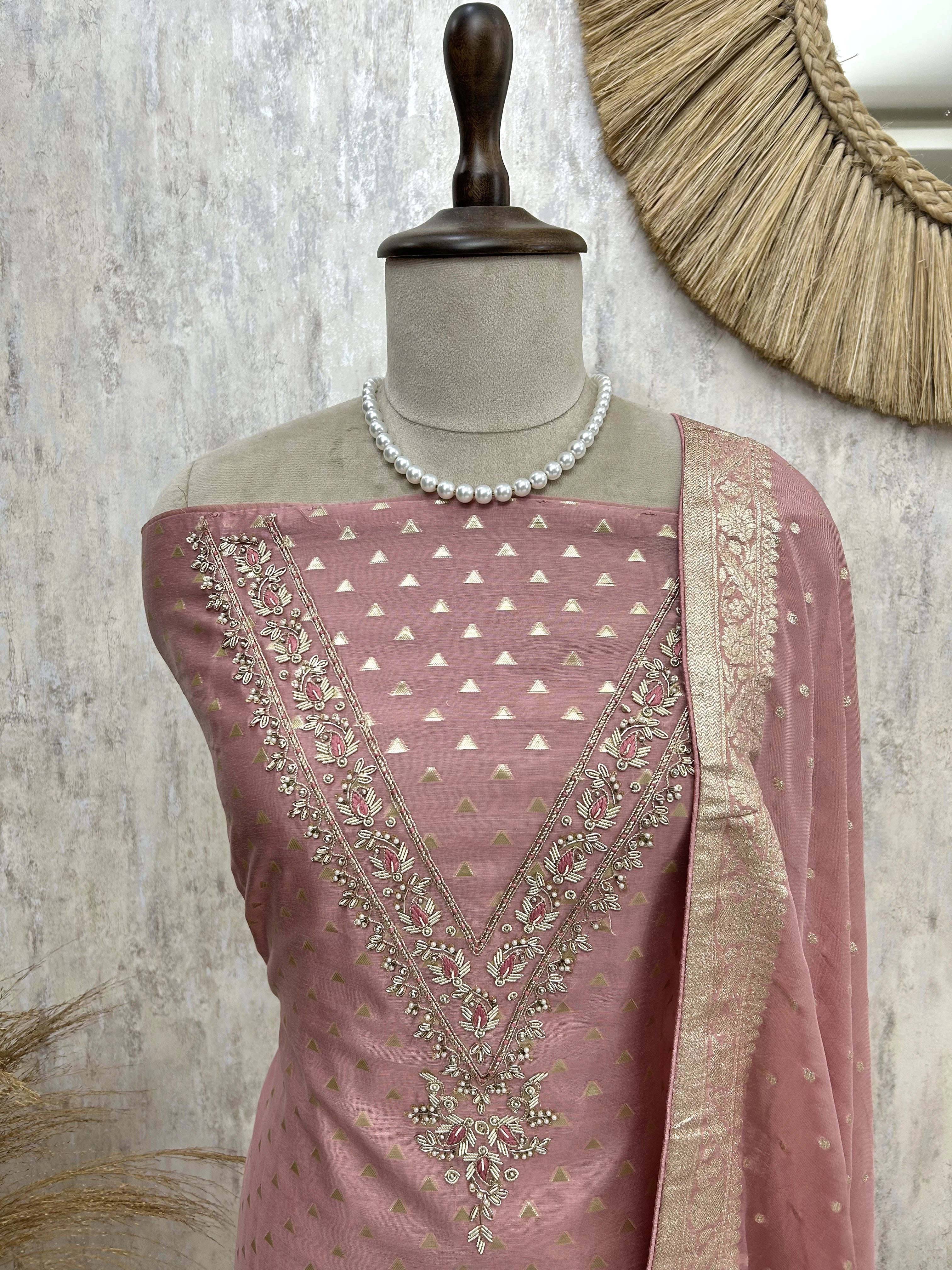 Maheshwari Unstitched Suit Set With Zardozi Work on Neckline