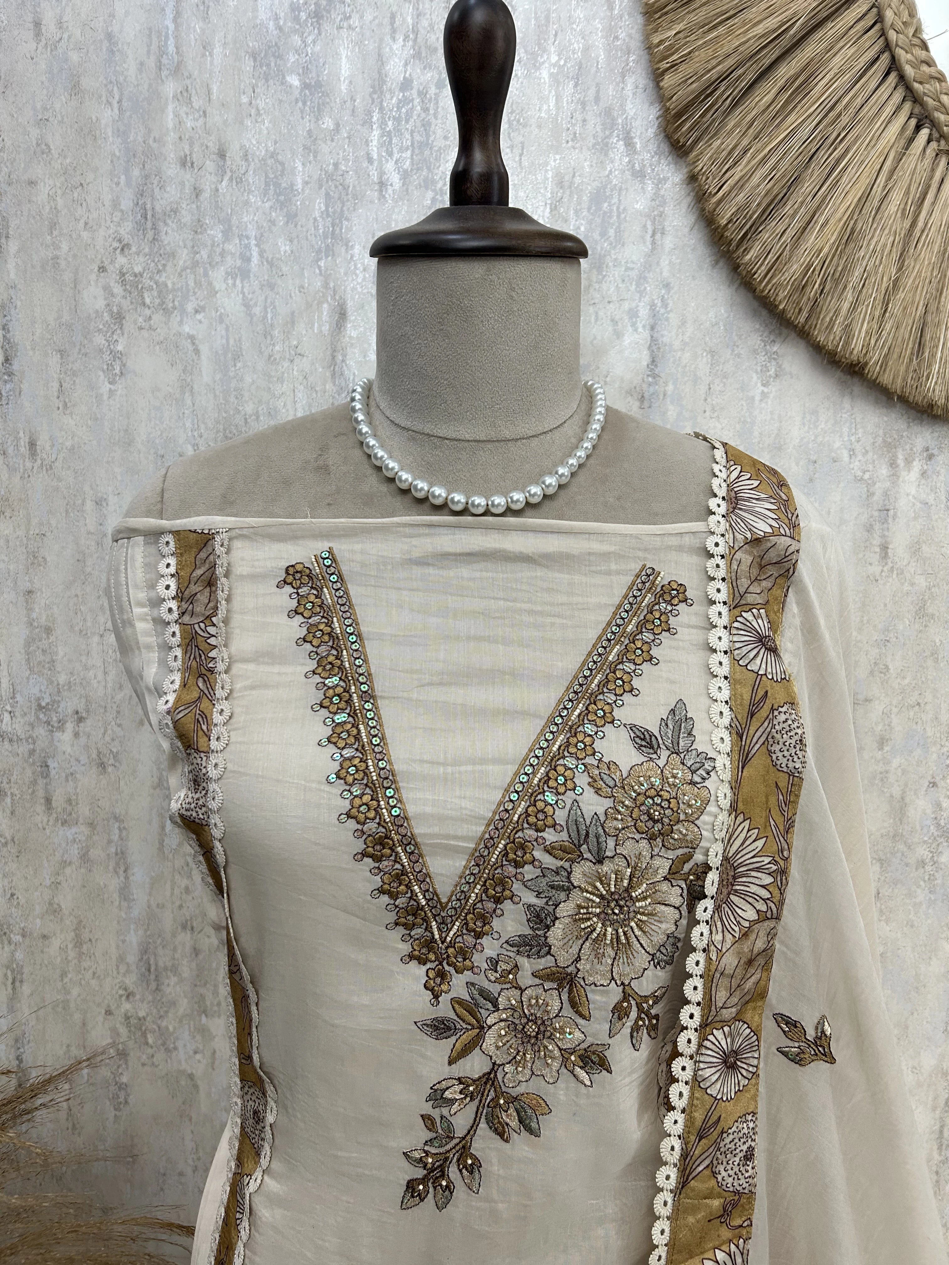 Cotton Unstitched Suit Set With Floral Motif On Hem & Neck