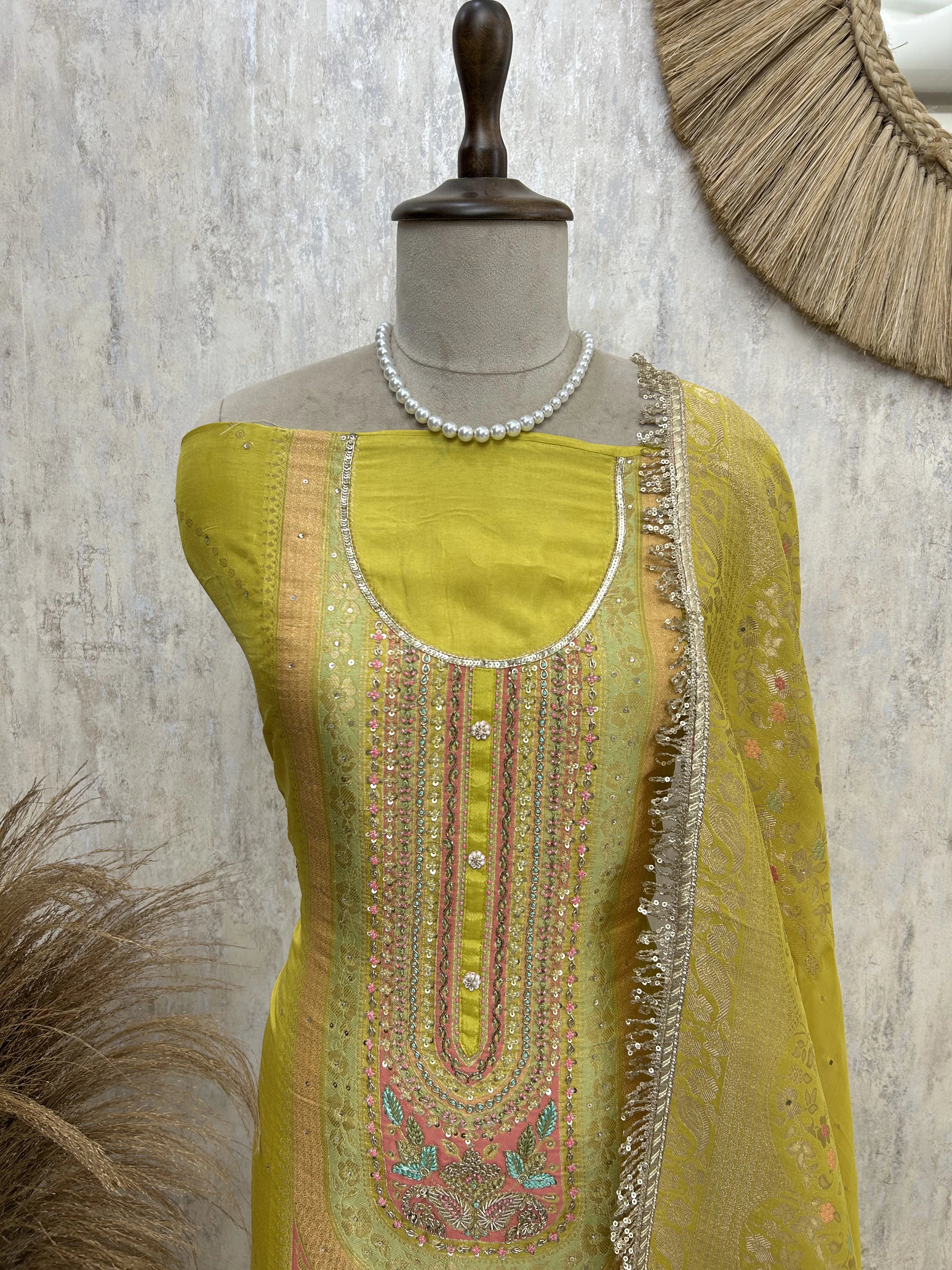 Banarasi Silk Unstitched Suit Set With Zari Work
