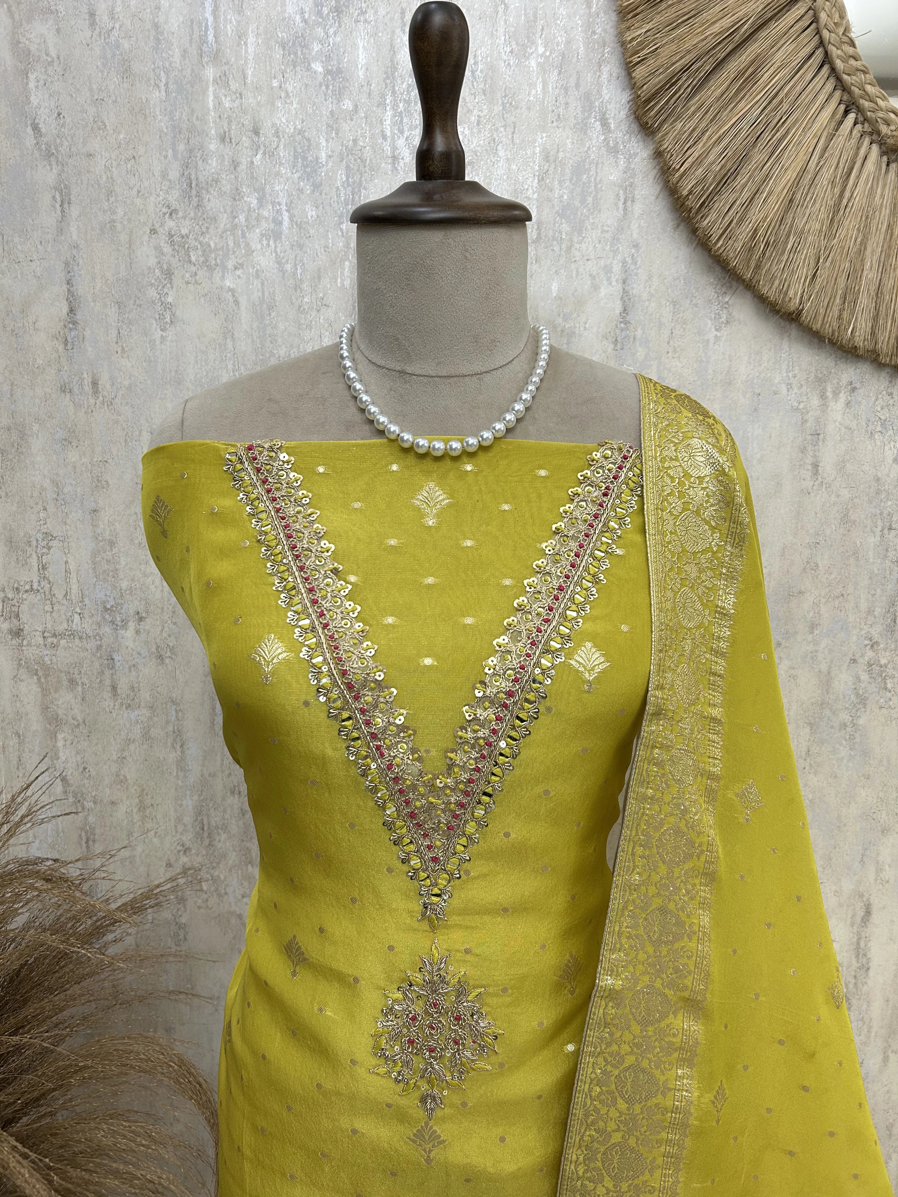 Tissue Unstitched Suit Set With Mirror Work on Neckline