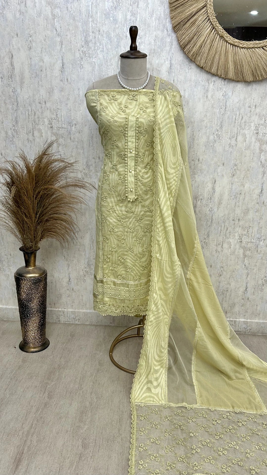 Cotton Base With Organza Panel Unstitched Suit Set